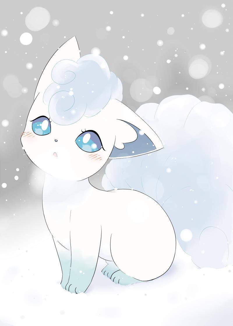 一隻藍眼睛的白色動漫狐狸坐在冬天的雪地裡。 — 雪 壁紙