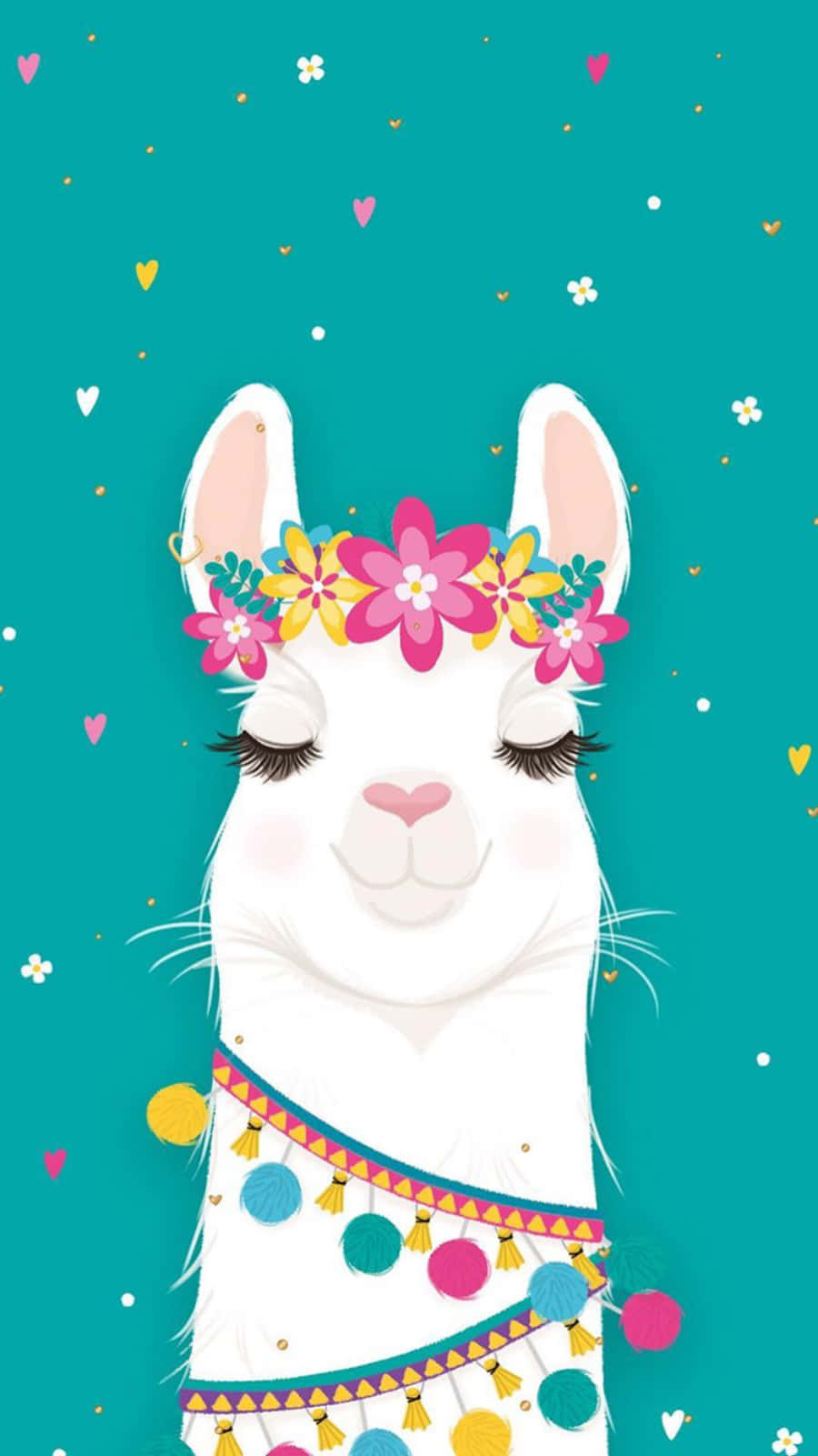 Cute Llama 桌布 壁紙 — 一隻可愛的白羊駝閉著眼睛，戴著色彩繽紛的花冠和節日流蘇，背景是藍綠色，有漂浮的心形和花朵。