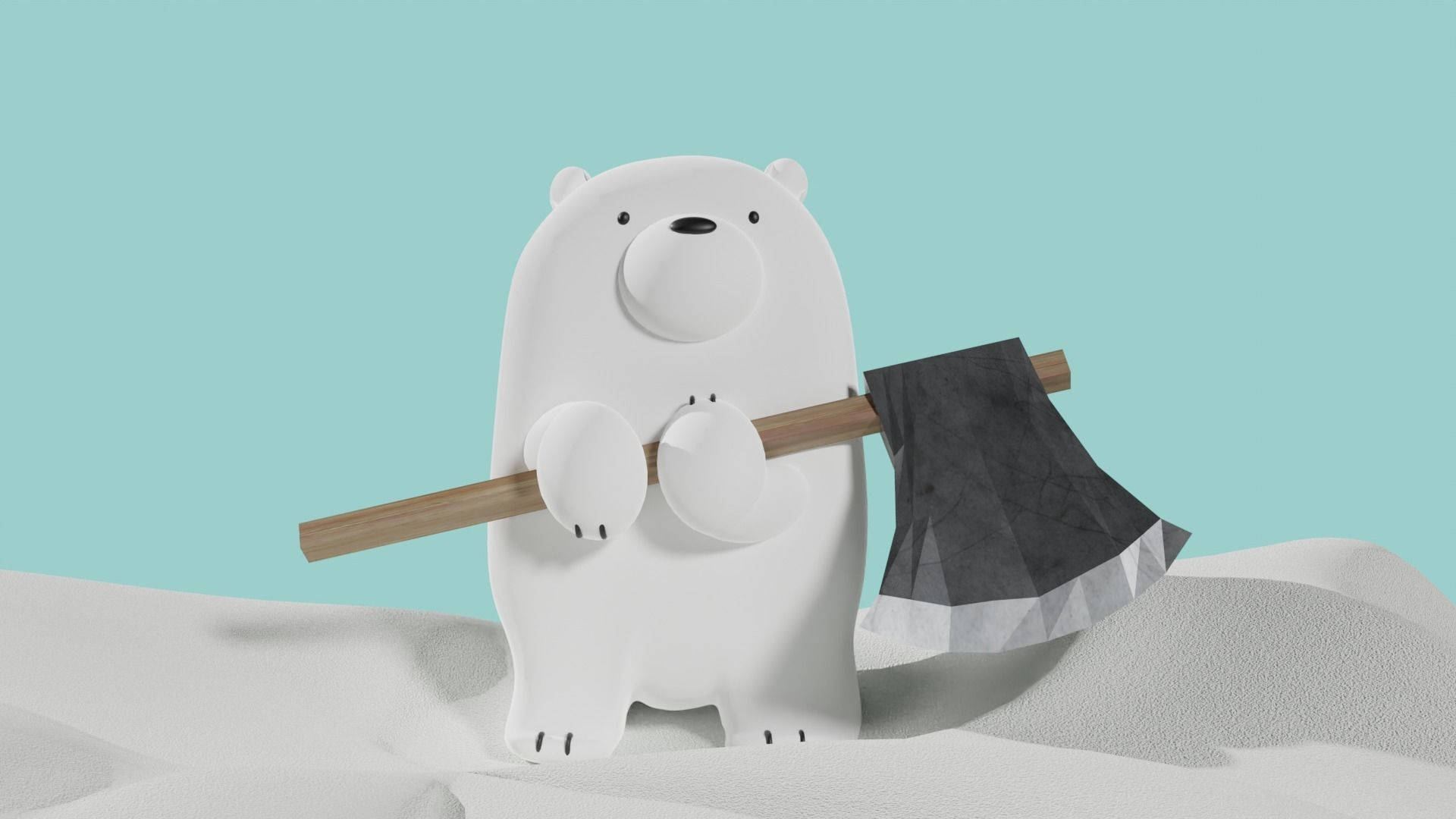 熊熊遇見你 桌布 壁紙 — 一隻可愛的白色3D渲染北極熊站在雪地中，手持黑色斧頭，背景為青綠色。