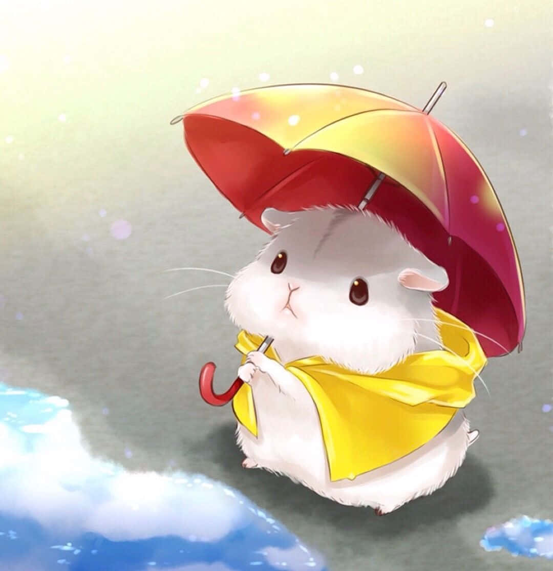 Cute Animated 桌布 壁紙 — 一隻可愛的白色倉鼠拿著彩虹傘和黃色圍巾，漂浮在柔和粉彩天空的雲朵上。