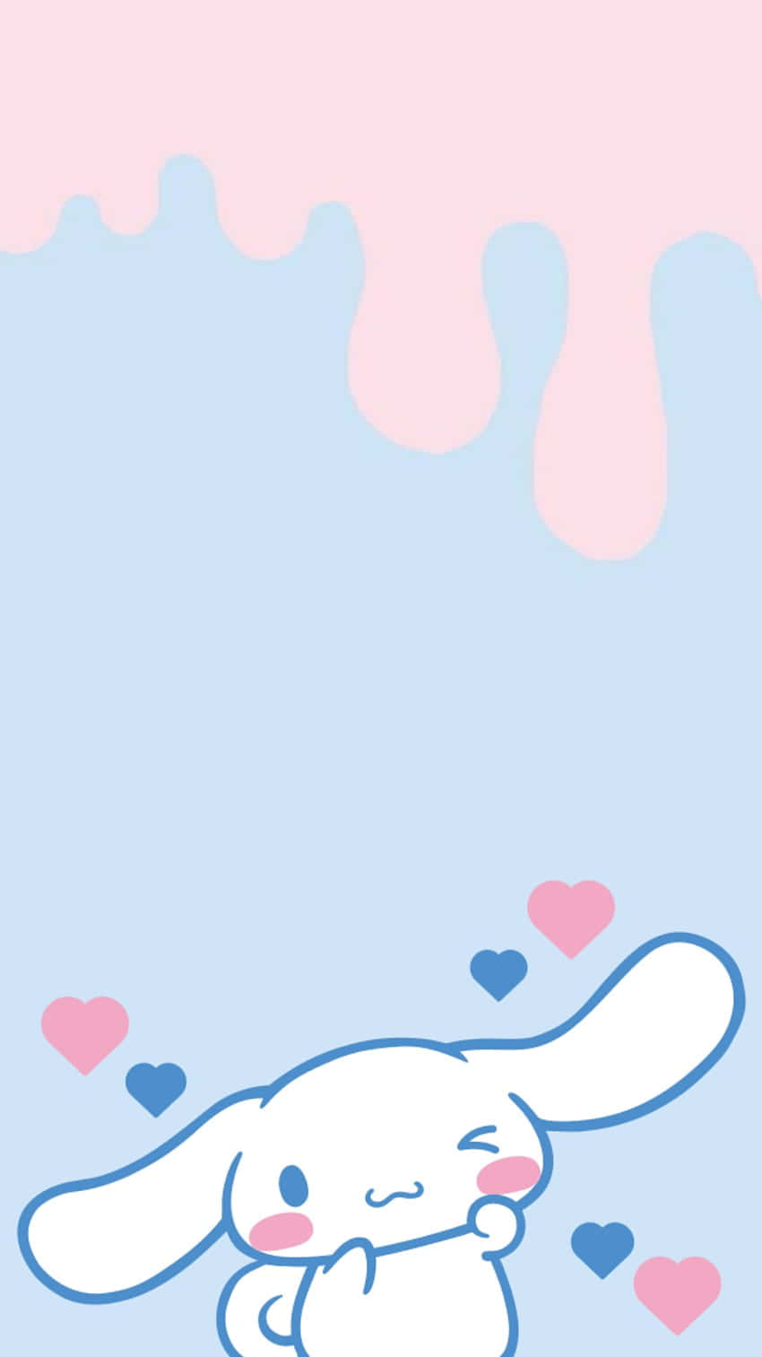 Cinnamoroll Laptop 桌布 壁紙 — 一隻可愛的白色兔子，粉紅色的臉頰和藍色輪廓，在粉紅色水滴和漂浮心形的粉藍色背景上頑皮地眨眼。