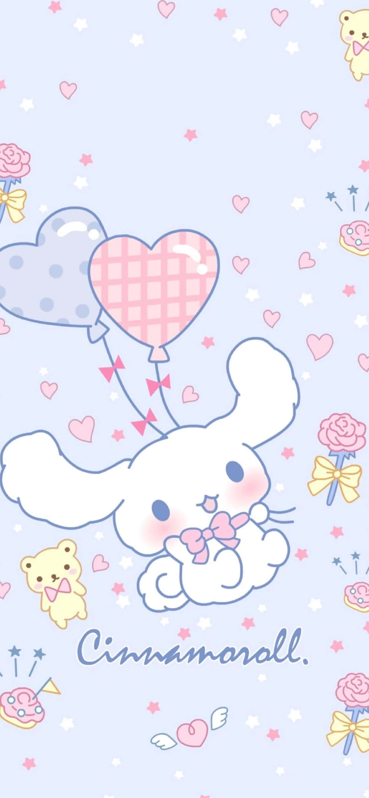 Cinnamoroll Sanrio 桌布 壁紙 — 一隻可愛的白色兔子戴著粉紅色蝴蝶結，拿著心形氣球，背景是粉藍色，散落著心形、玫瑰和星星。