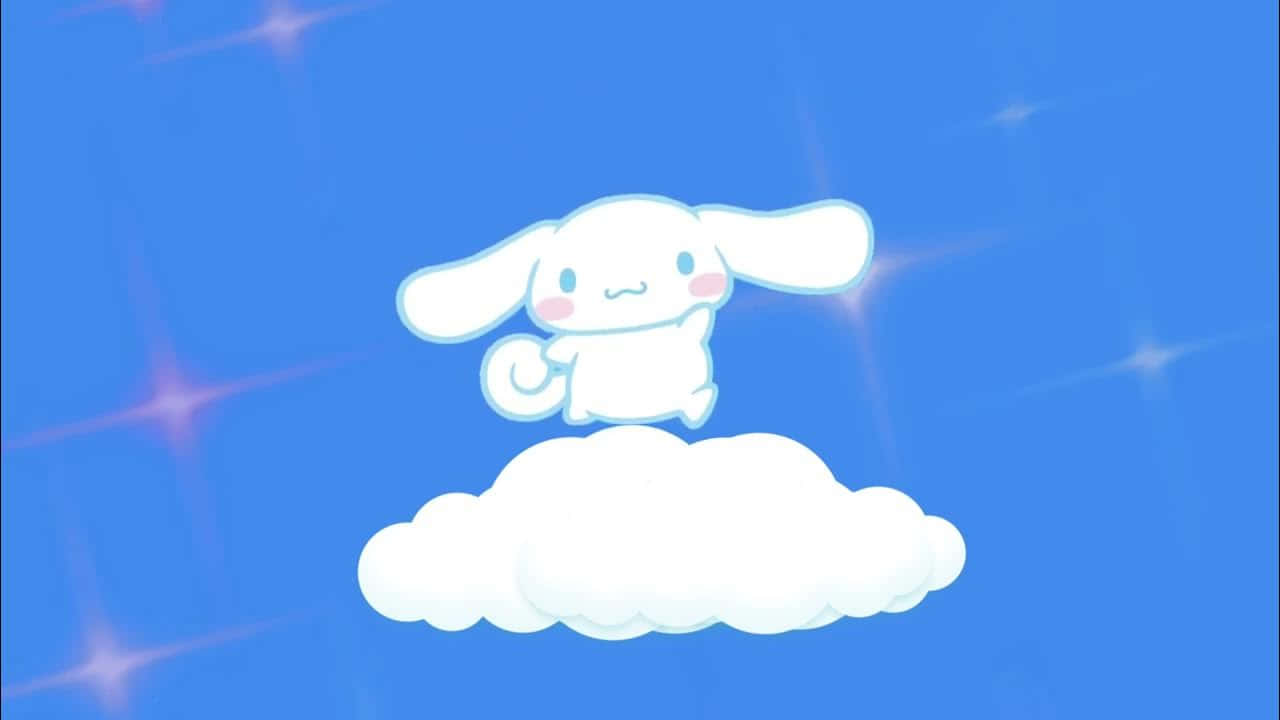 桌布 壁紙 — 一隻可愛的白色兔子角色，長耳朵，坐在蓬鬆的雲朵上，背景是充滿閃爍星光的蔚藍天空。