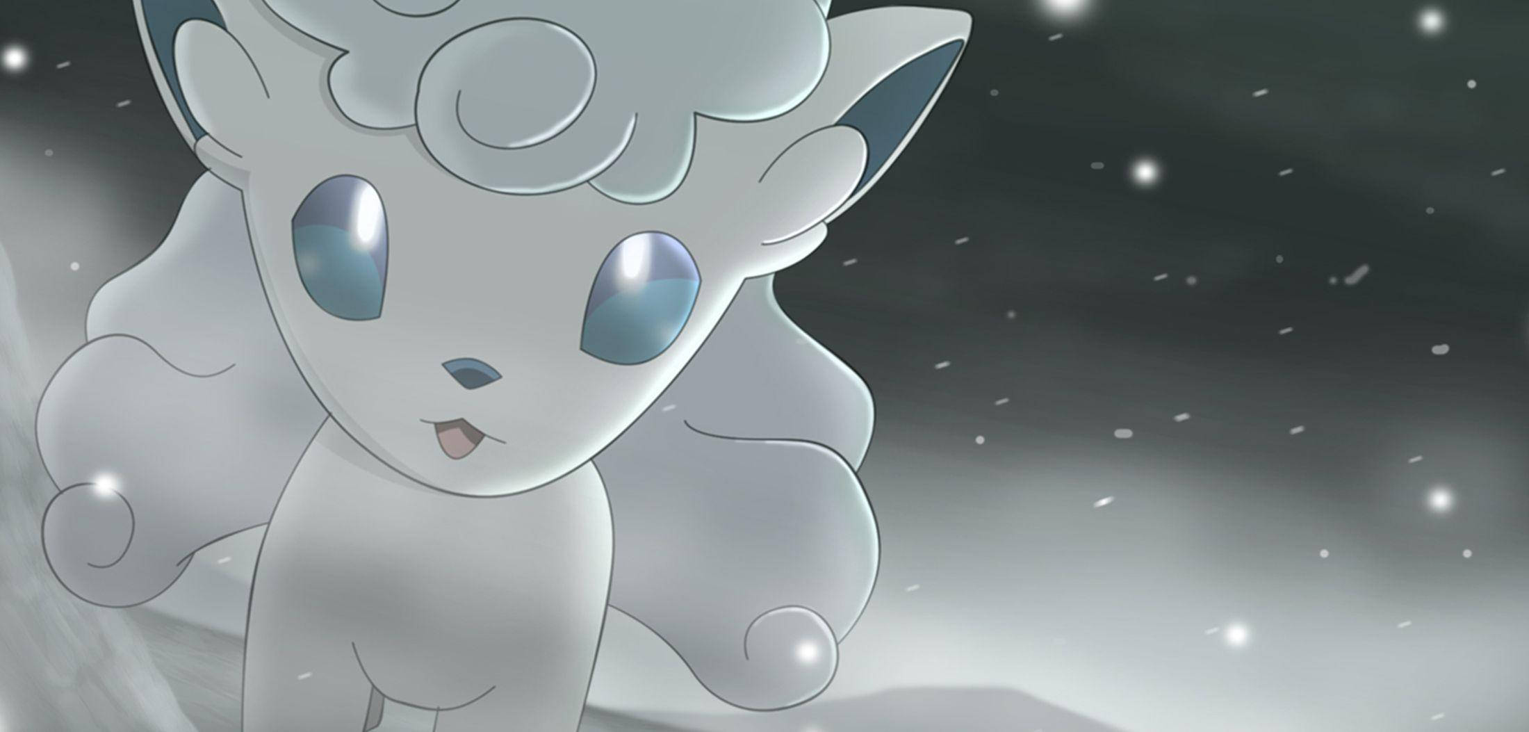 Starry Sky 桌布 壁紙 — 一隻可愛的白色動漫生物，藍色眼睛，站在雪花飄落的雪夜場景中。