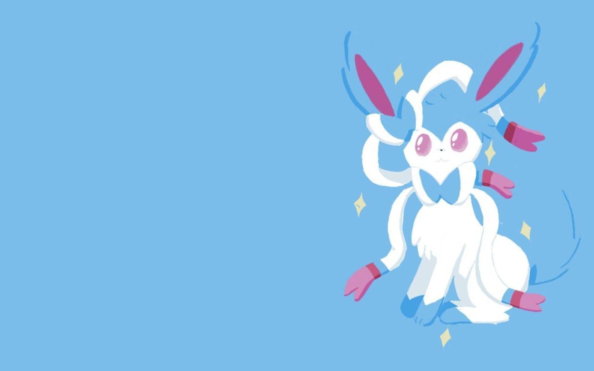 Sylveon 桌布 壁紙 — 一隻可愛的白色動漫風格仙子伊布，有粉紅色耳朵和手套，坐在純淺藍色背景上，周圍有漂浮的閃光。