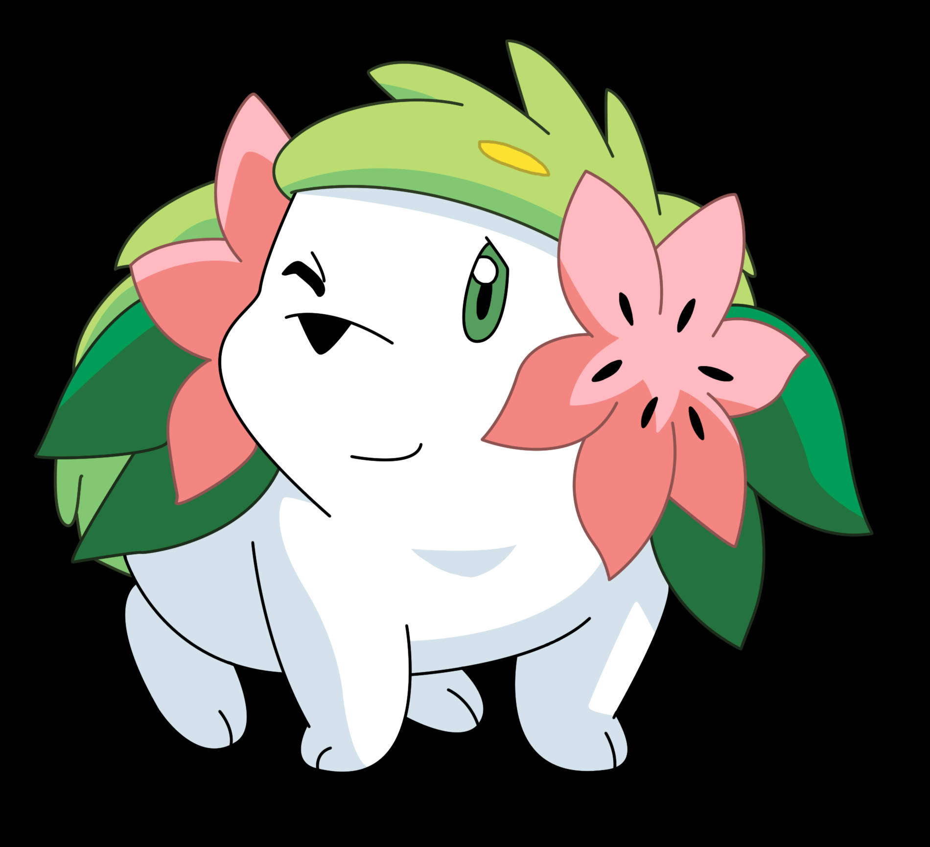 Shaymin 桌布 壁紙 — 一隻可愛的白色動漫風格寶可夢，擁有綠色葉狀頭髮和粉紅色花朵，在黑色背景上頑皮地眨眼。