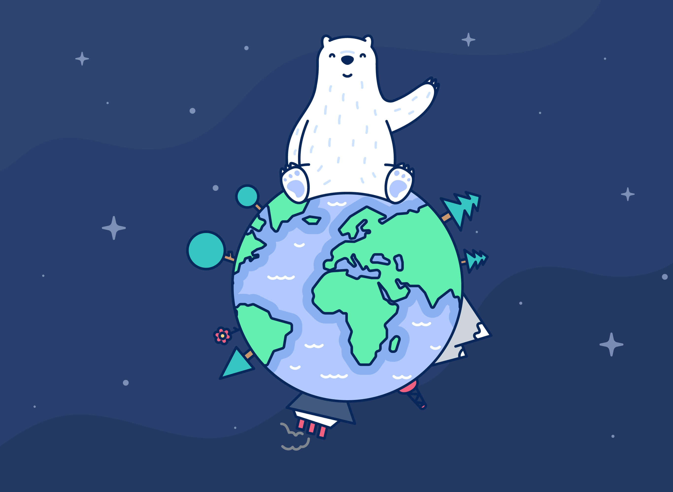 Cartoon Polar Bear 桌布 壁紙 — 一隻可愛的白色北極熊坐在卡通地球上，周圍是星星和幾何形狀，背景是深藍色的太空。