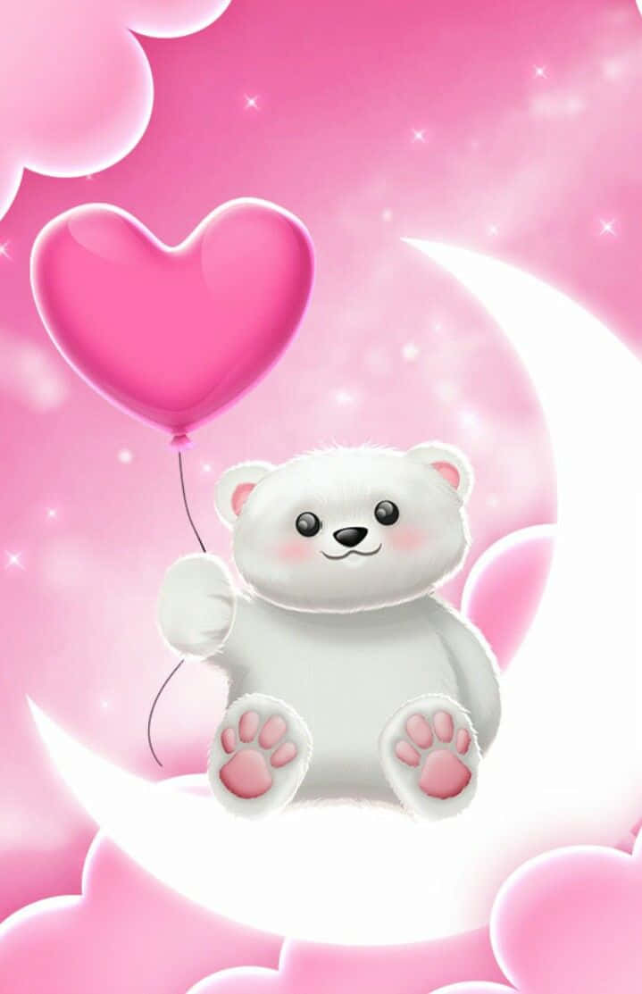bear love 桌布 壁紙 — 一隻可愛的白色北極熊坐在新月上，拿著一個粉紅色心形氣球，背景是閃爍的粉紅色天空。