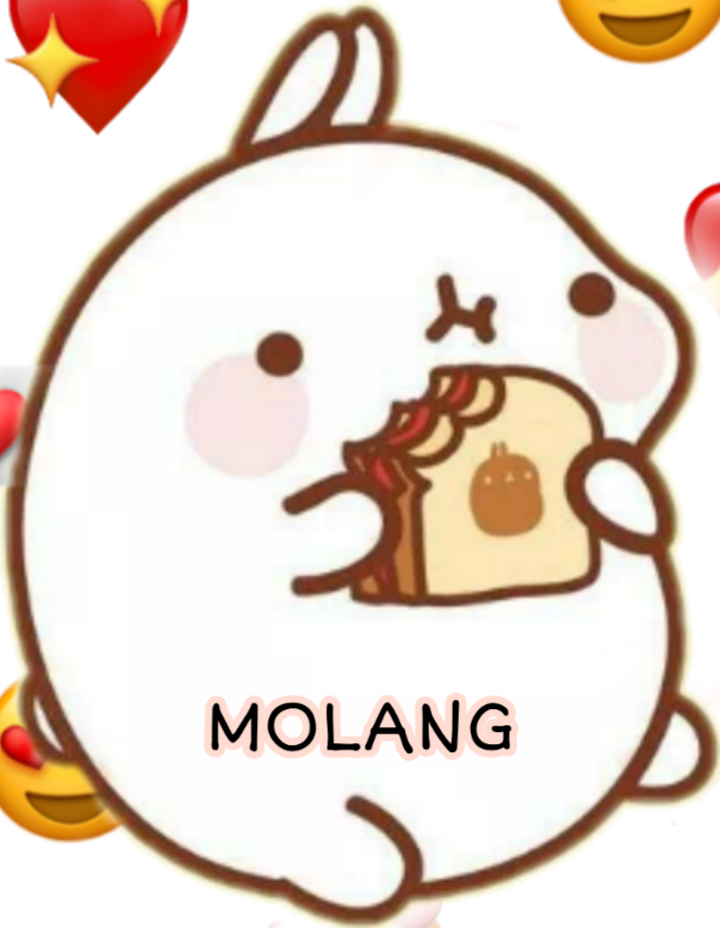 Molang 桌布 壁紙 — 一隻可愛的白色卡通兔，帶有棕色輪廓，正在開心吃一片塗了果醬的吐司，周圍漂浮著愛心和笑臉表情符號。