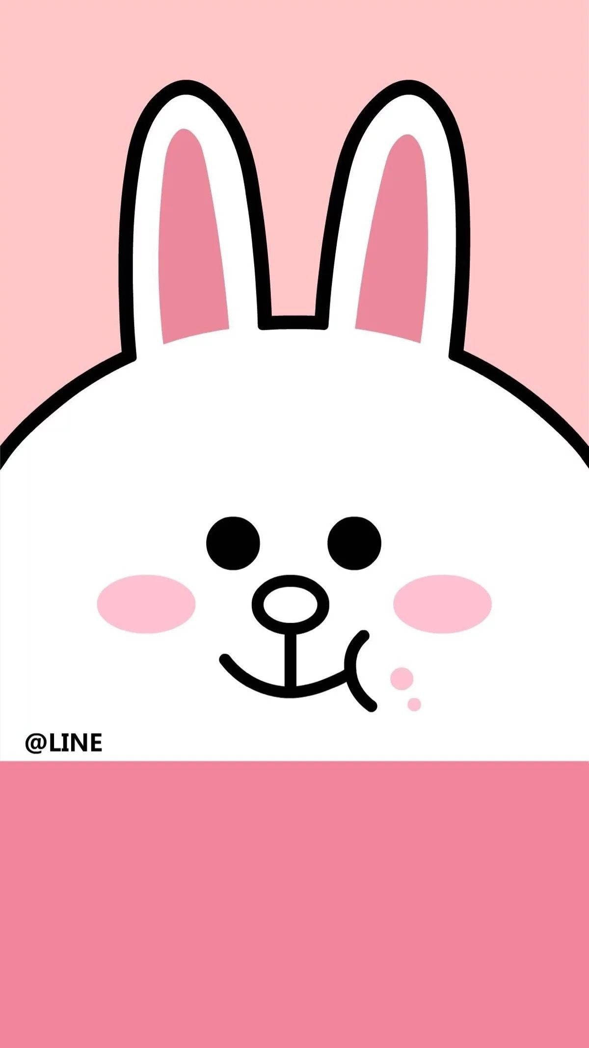 Line 桌布 壁紙 — 一隻可愛的白色卡通兔，有粉紅色的內耳和臉頰，在柔和的粉紅色背景上微笑。