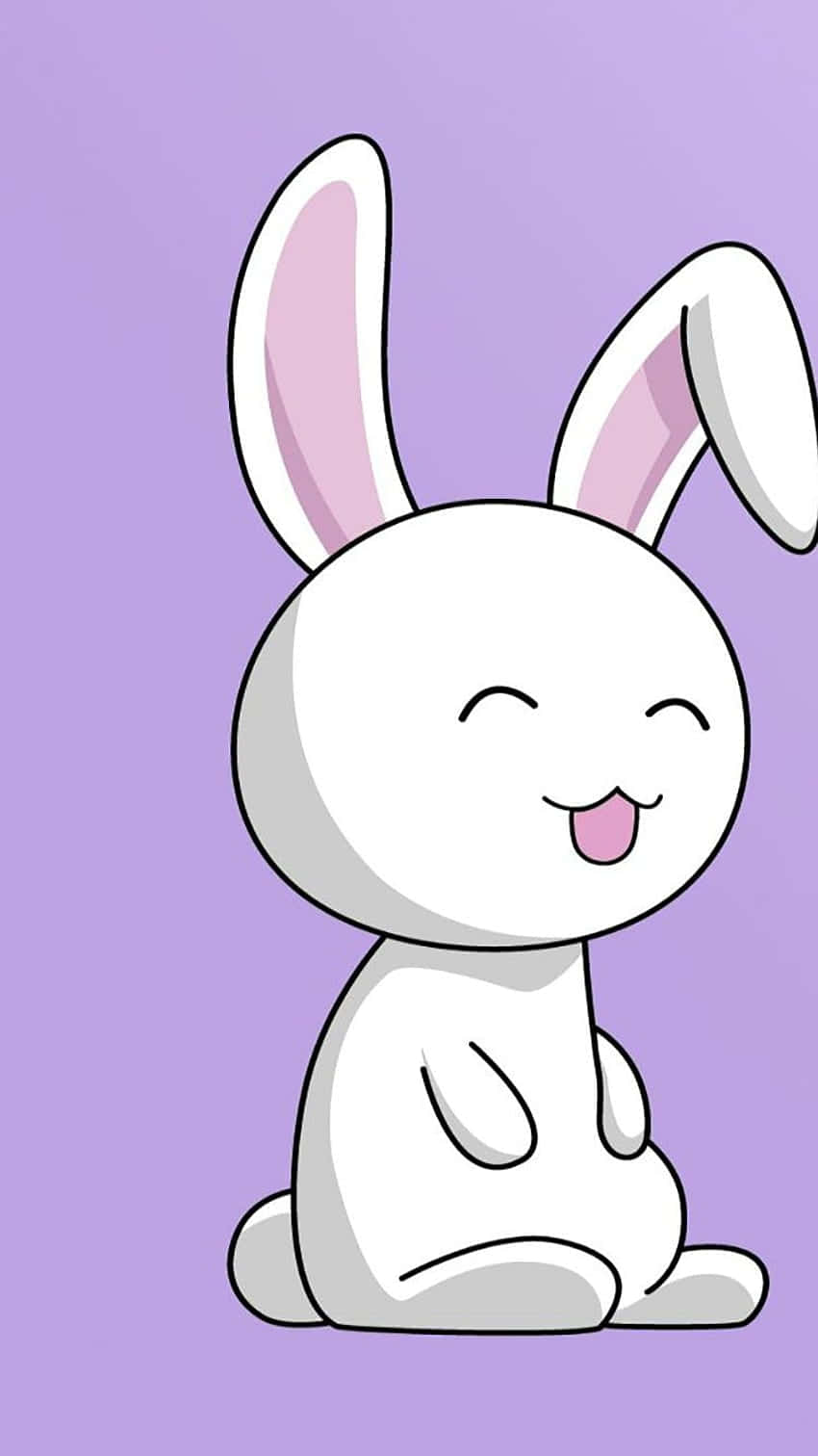 Cute Easter iPhone 桌布 壁紙 — 一隻可愛的白色卡通兔，粉紅色內耳，開心坐在柔和的紫色背景前。