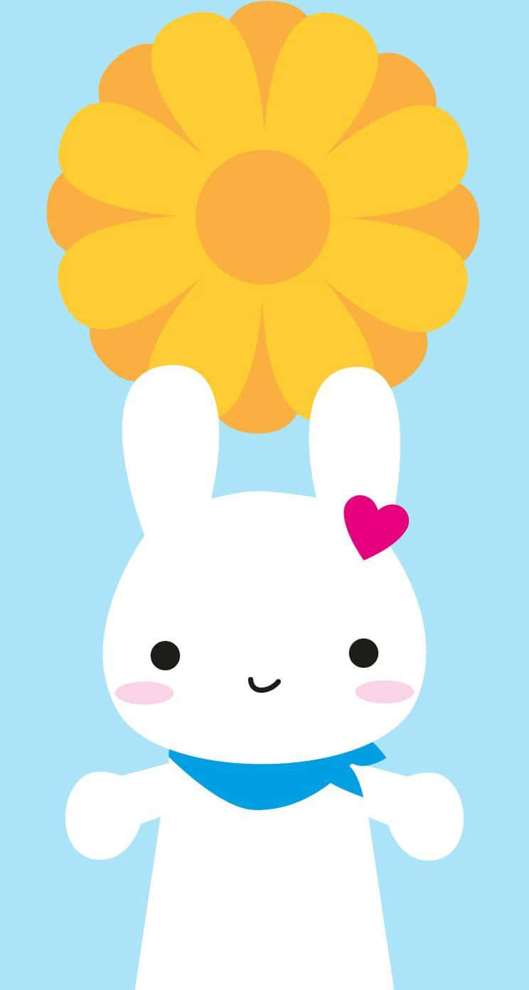 Kawaii Bunny 桌布 壁紙 — 一隻可愛的白色卡通兔，頭上有粉紅色愛心，在淺藍色背景上拿著一朵大黃花。