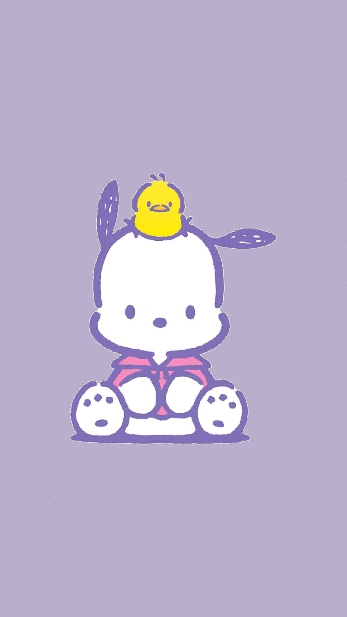 Pochacco 桌布 壁紙 — 一隻可愛的白色卡通兔子，帶有紫色輪廓，靜靜地坐著，頭頂上有一隻小黃雞，背景是柔和的薰衣草色。