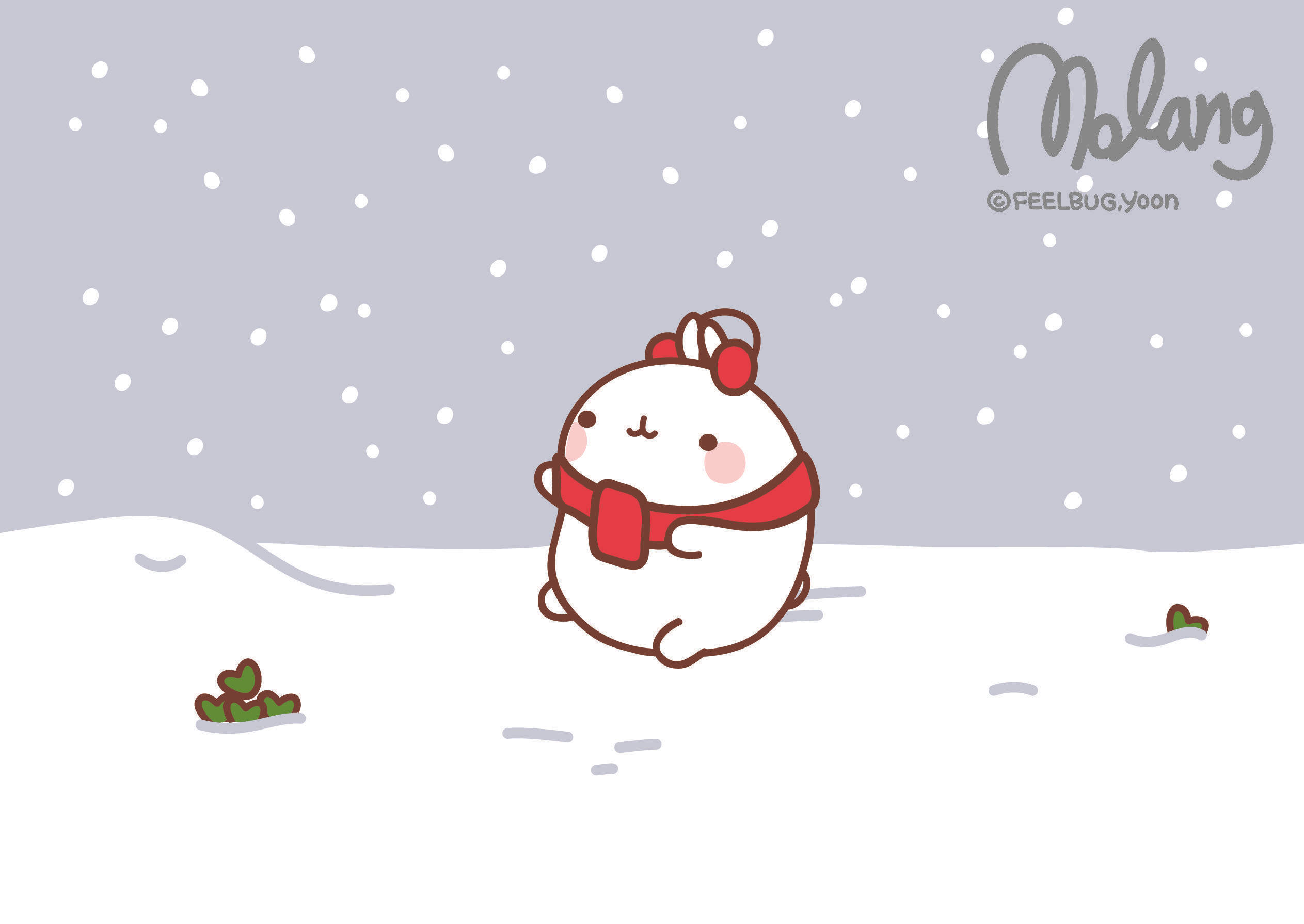 Molang 桌布 壁紙 — 一隻可愛的白色卡通兔子，戴著紅色圍巾和耳罩，站在雪地上，雪花輕輕飄落。