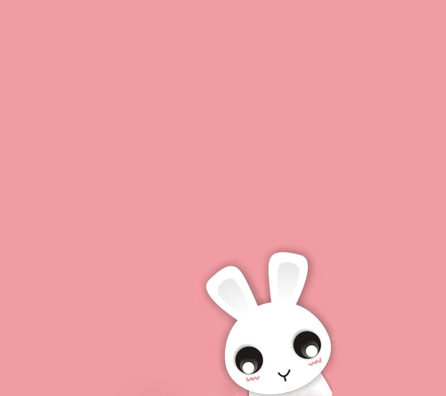 Kawaii Bunny 桌布 壁紙 — 一隻可愛的白色卡通兔子，有大眼睛，從右下角探出頭來，背景是純粉紅色。