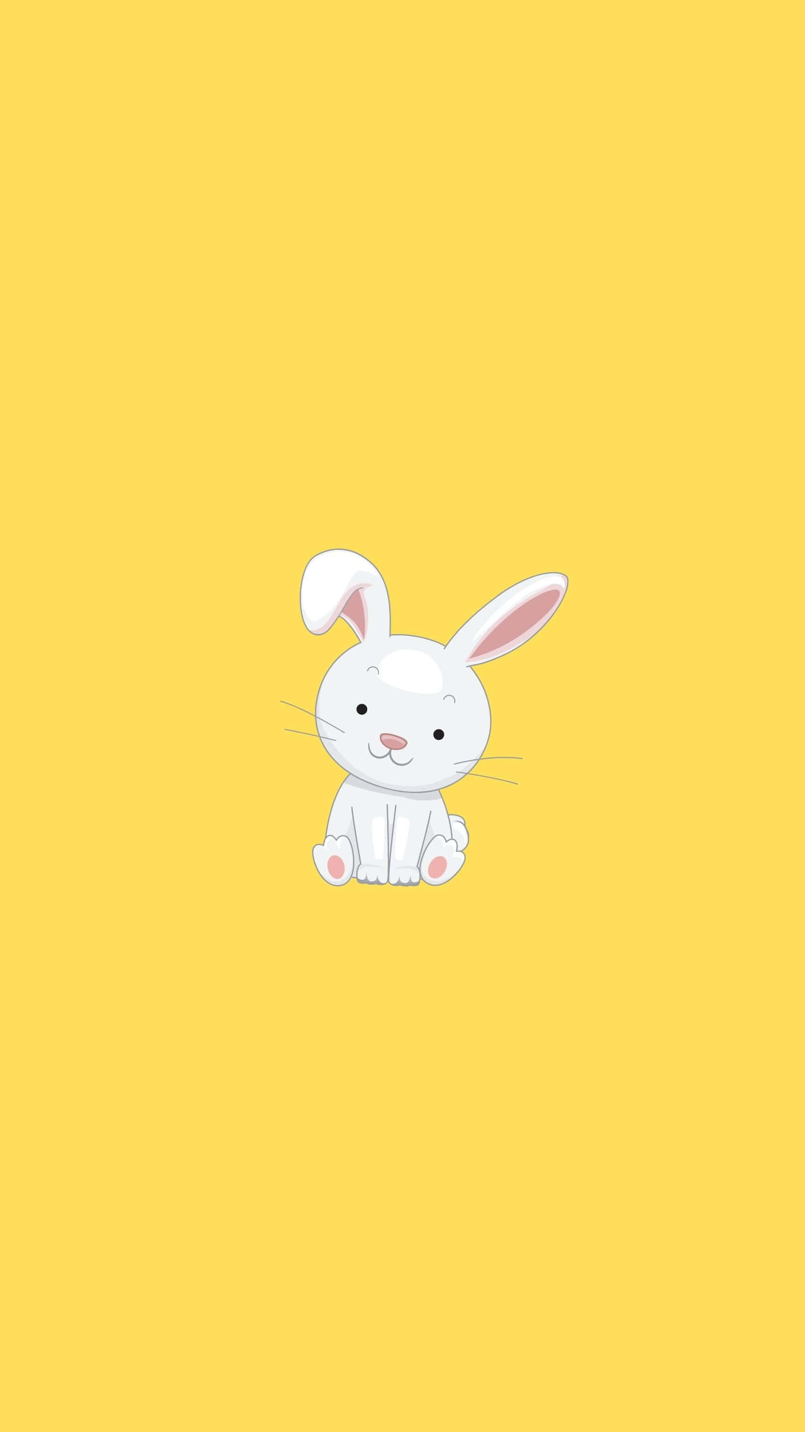 Cute Aesthetic Anime 桌布 壁紙 — 一隻可愛的白色卡通兔子，有粉紅色內耳和肉球，坐在純黃色背景中央。