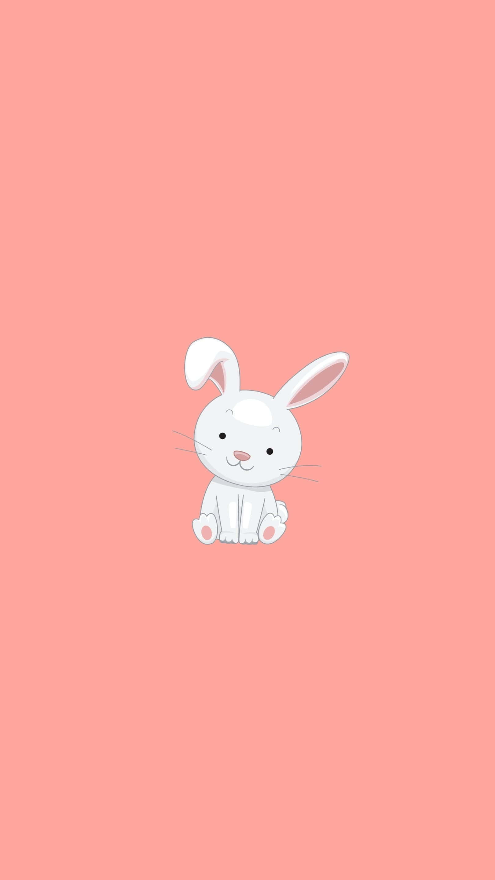 Cute Aesthetic Anime 桌布 壁紙 — 一隻可愛的白色卡通兔子，粉紅色內耳，坐在純珊瑚色背景中央。