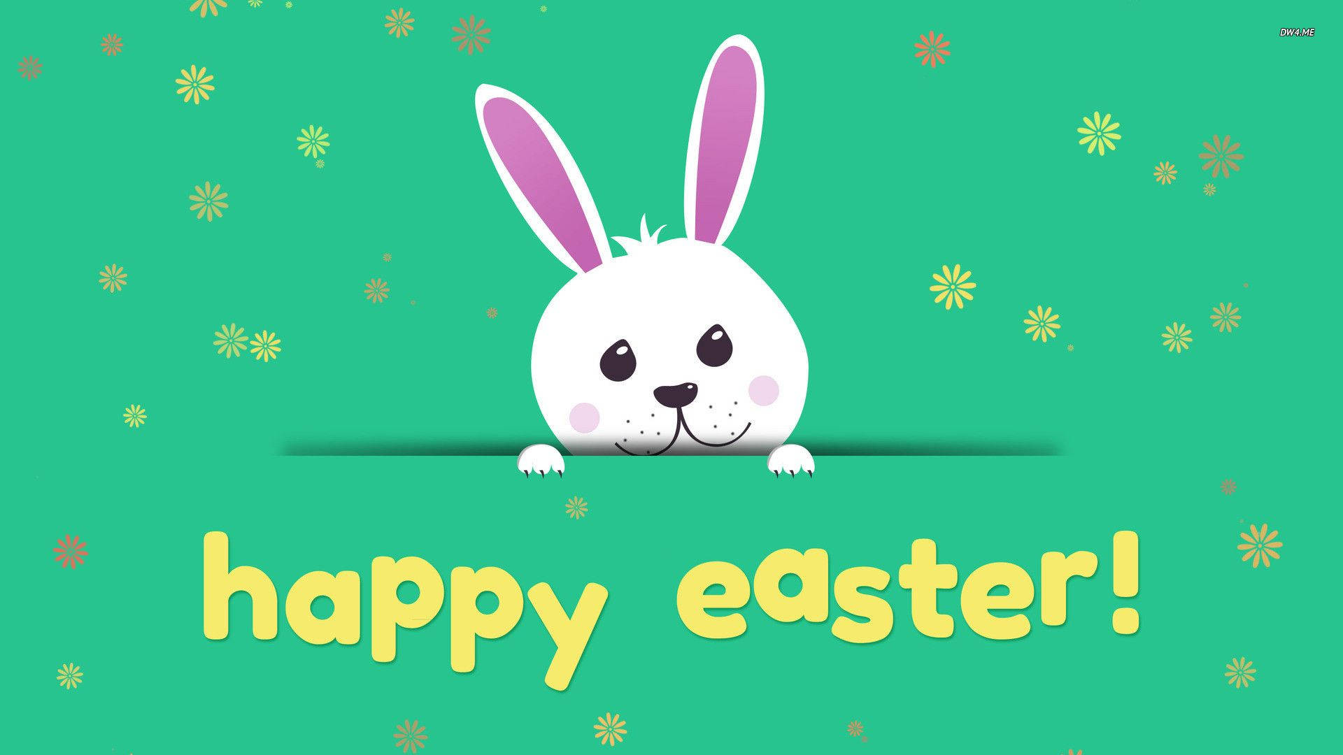 Cute Easter 桌布 壁紙 — 一隻可愛的白色卡通兔子，粉紅色內耳，在綠色表面上方探頭，周圍有黃色花朵和「復活節快樂！」的文字。
