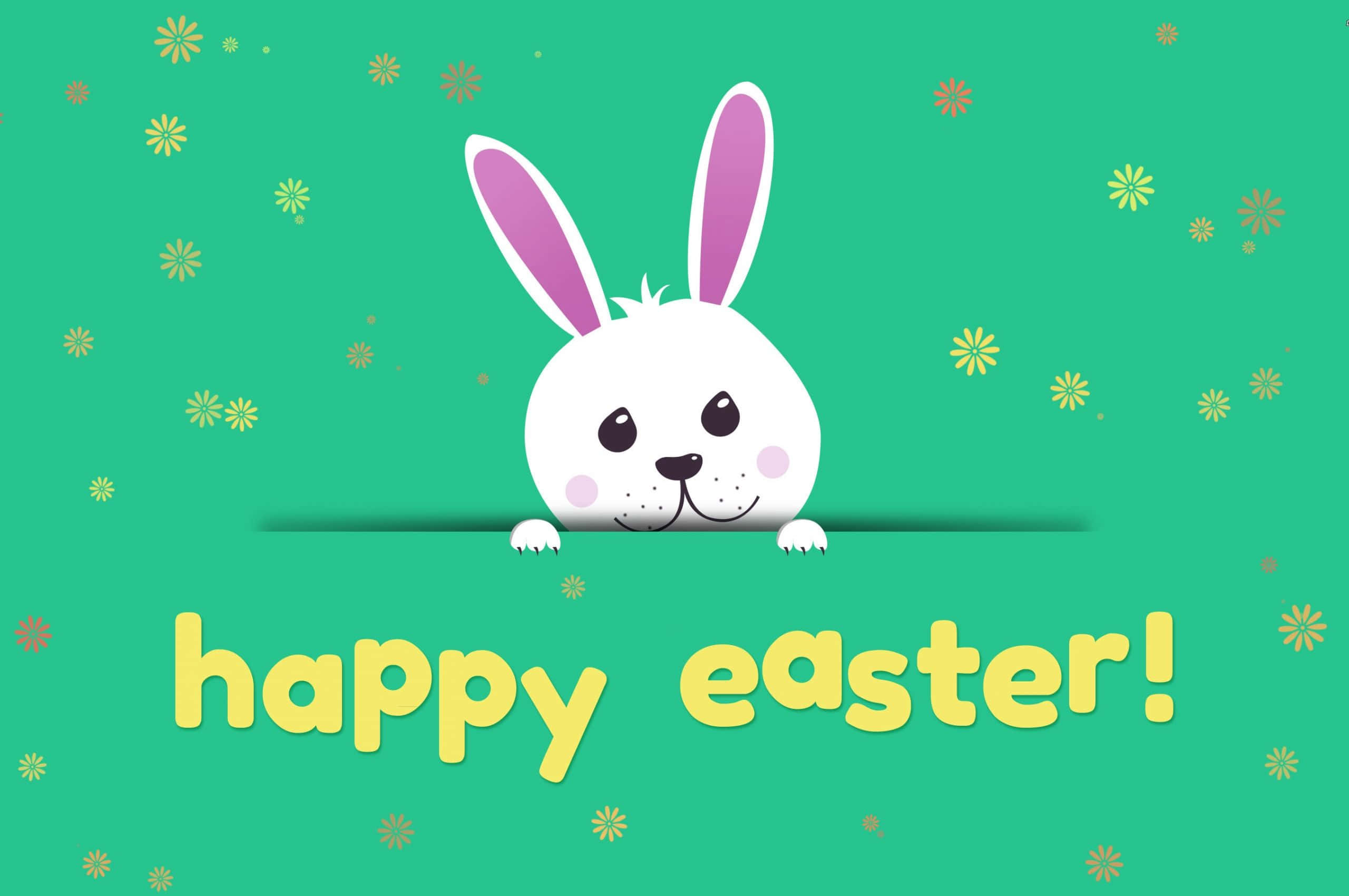 Easter Bunny 桌布 壁紙 — 一隻可愛的白色卡通兔子，粉紅色內耳，在綠色表面上方探頭，背景是藍綠色，有黃色花朵和 'happy easter!' 文字。