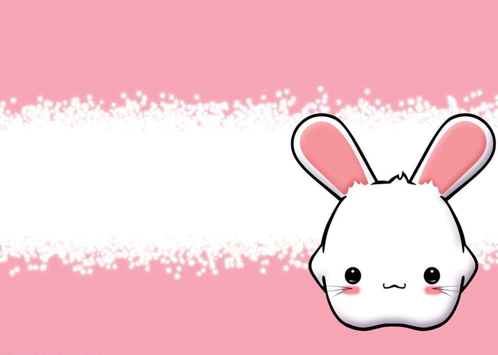 Kawaii Bunny 桌布 壁紙 — 一隻可愛的白色卡通兔子，粉紅色內耳，從右邊探出頭來，背景是柔和的粉紅色，帶有白色紋理條紋。