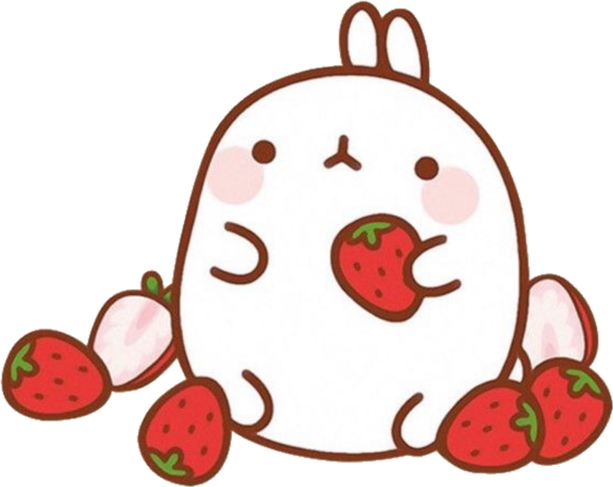 Molang 桌布 壁紙 — 一隻可愛的白色卡通兔子，粉紅色臉頰，拿著一顆草莓，周圍還有更多草莓。