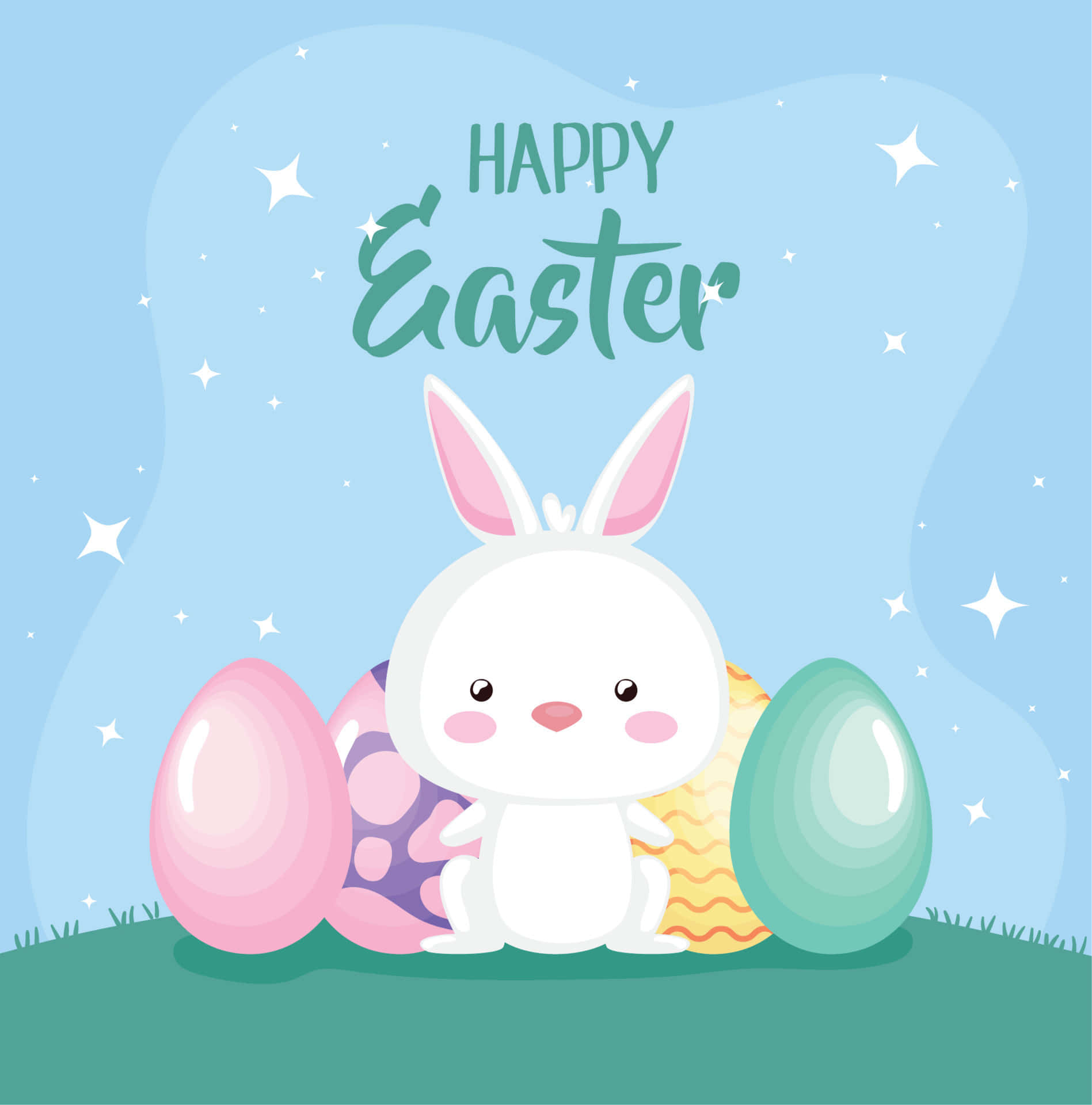 Cute Easter iPhone 桌布 壁紙 — 一隻可愛的白色卡通兔子坐在色彩繽紛的復活節彩蛋之間，在滿天星斗的藍天下，帶有「Happy Easter」文字。