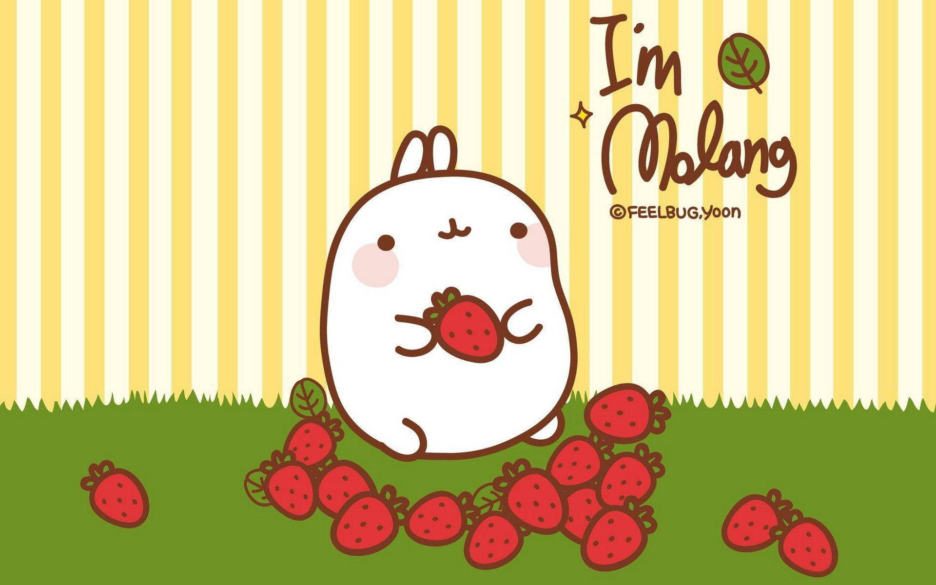 Molang 桌布 壁紙 — 一隻可愛的白色卡通兔子開心地坐在綠色草地上，拿著一顆草莓，周圍還有更多草莓，背景是黃白條紋。