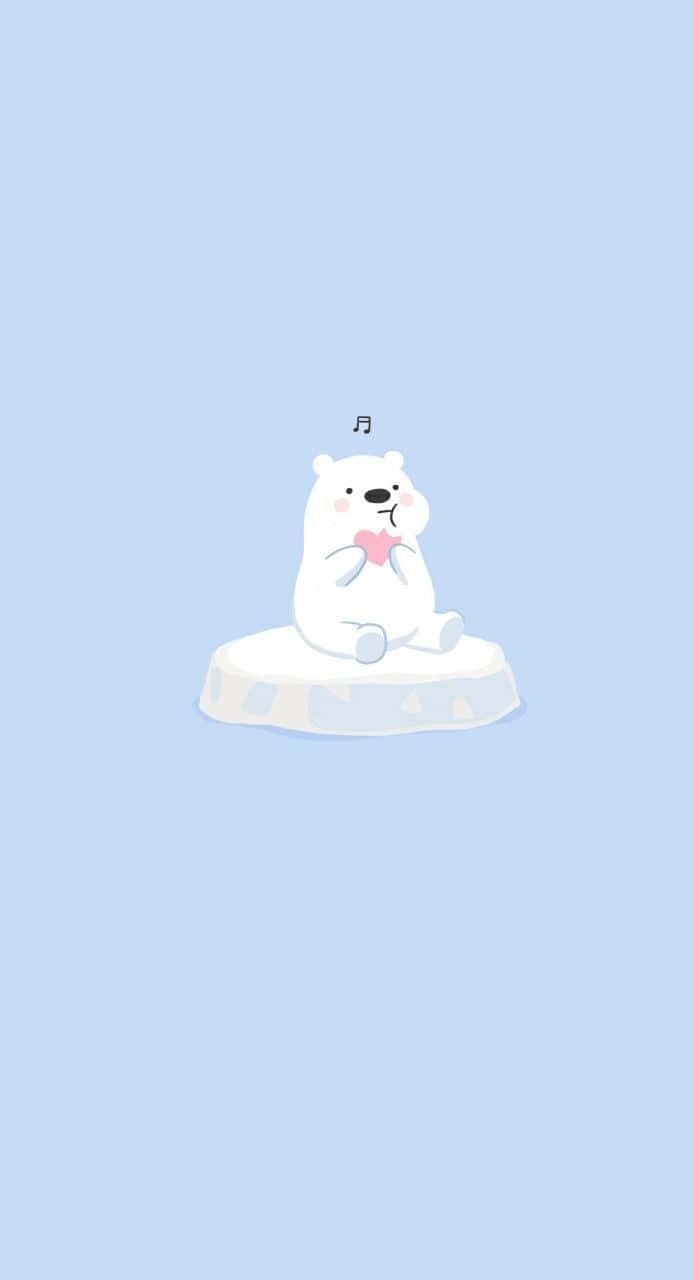Cartoon Polar Bear 桌布 壁紙 — 一隻可愛的白色卡通北極熊坐在雪地平台上，在柔和的藍色背景上拿著一個粉紅色的心形。