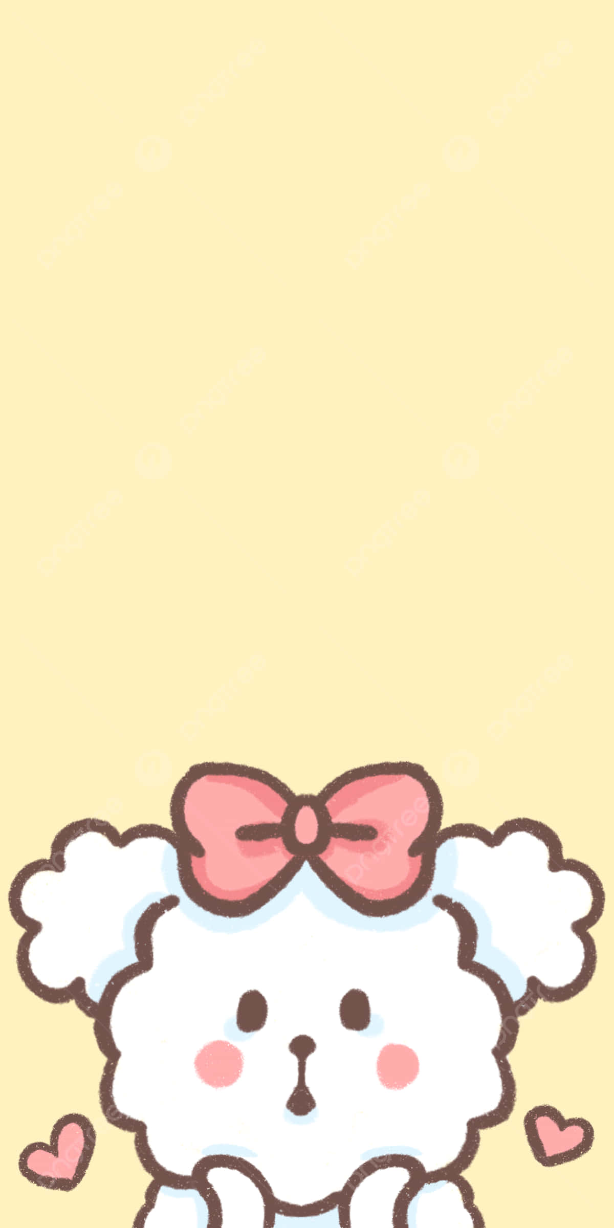 Cute Cartoon Dog 桌布 壁紙 — 一隻可愛的白色卡通小狗，帶有蓬鬆的絨毛和粉紅色蝴蝶結，坐在柔軟的黃色背景底部，背景中有漂浮的心形圖案。