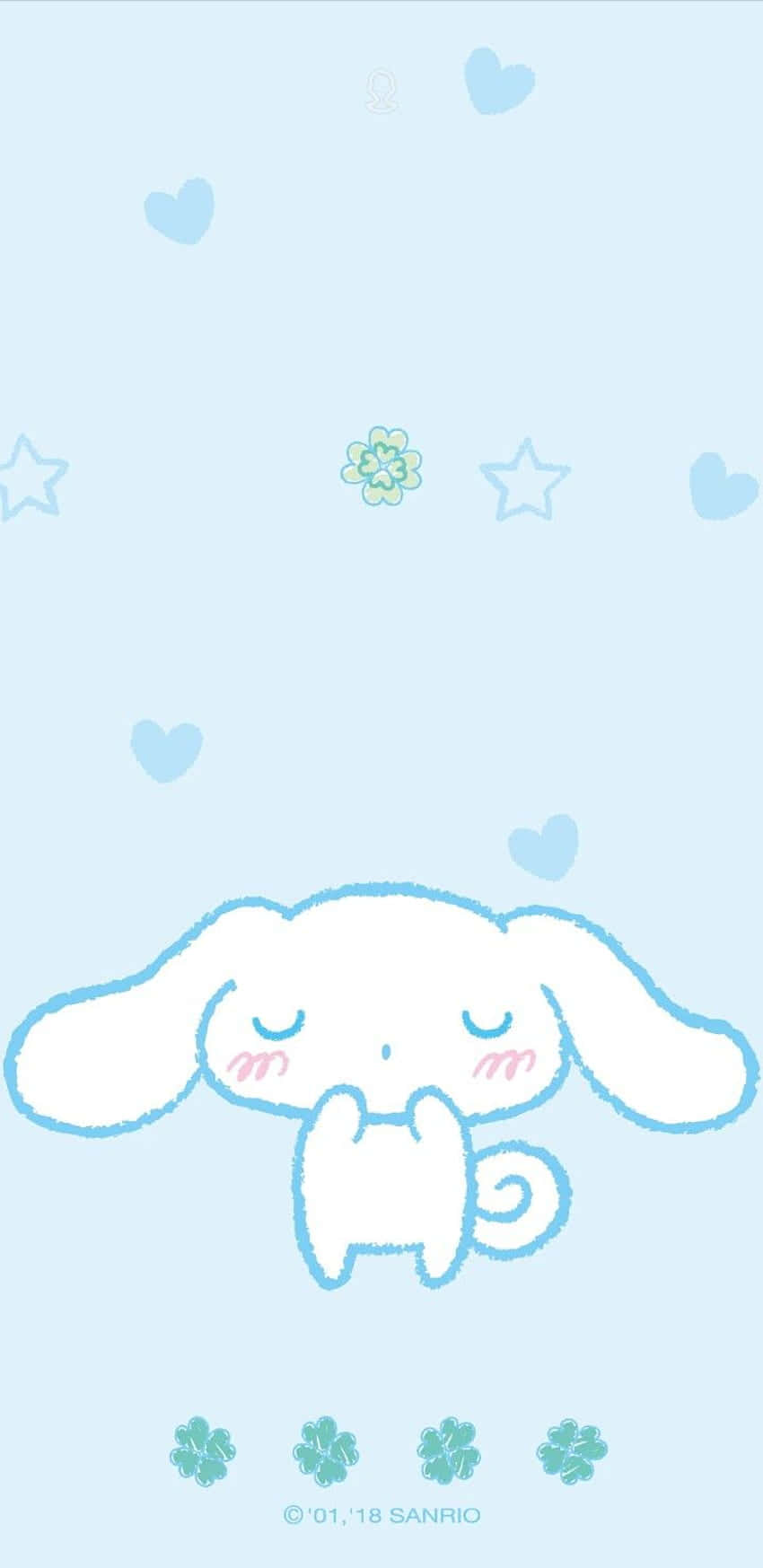 Cinnamoroll Laptop 桌布 壁紙 — 一隻可愛的白色卡通小狗，閉著眼睛，臉頰紅潤，在點綴著心形和星星的柔和藍色背景上平靜地漂浮。