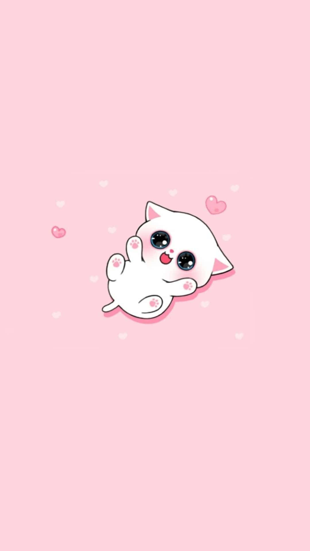 cute and pink 桌布 壁紙 — 一隻可愛的白色卡通小貓，有著大眼睛和粉紅色的愛心，在柔和的粉紅色背景上頑皮地漂浮。