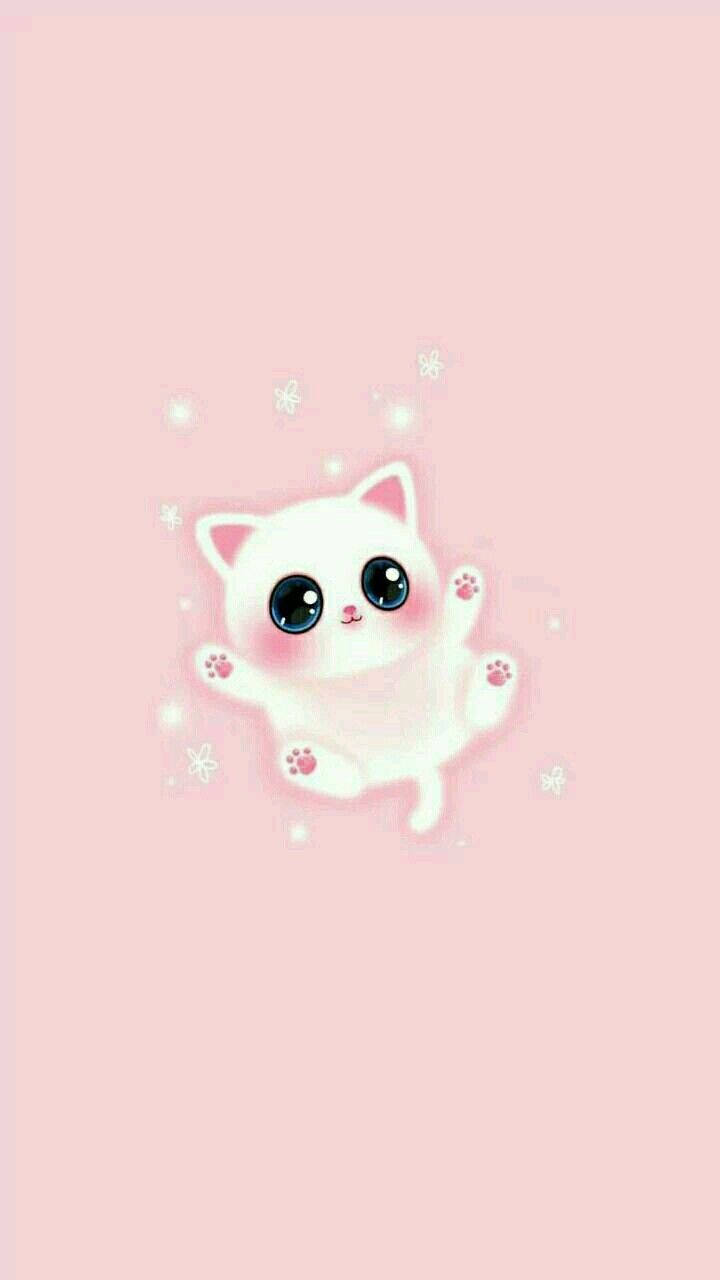 Cute Kawaii Cat 桌布 壁紙 — 一隻可愛的白色卡通小貓，有著大眼睛，在柔和的粉紅色背景上輕輕漂浮，周圍環繞著閃光。
