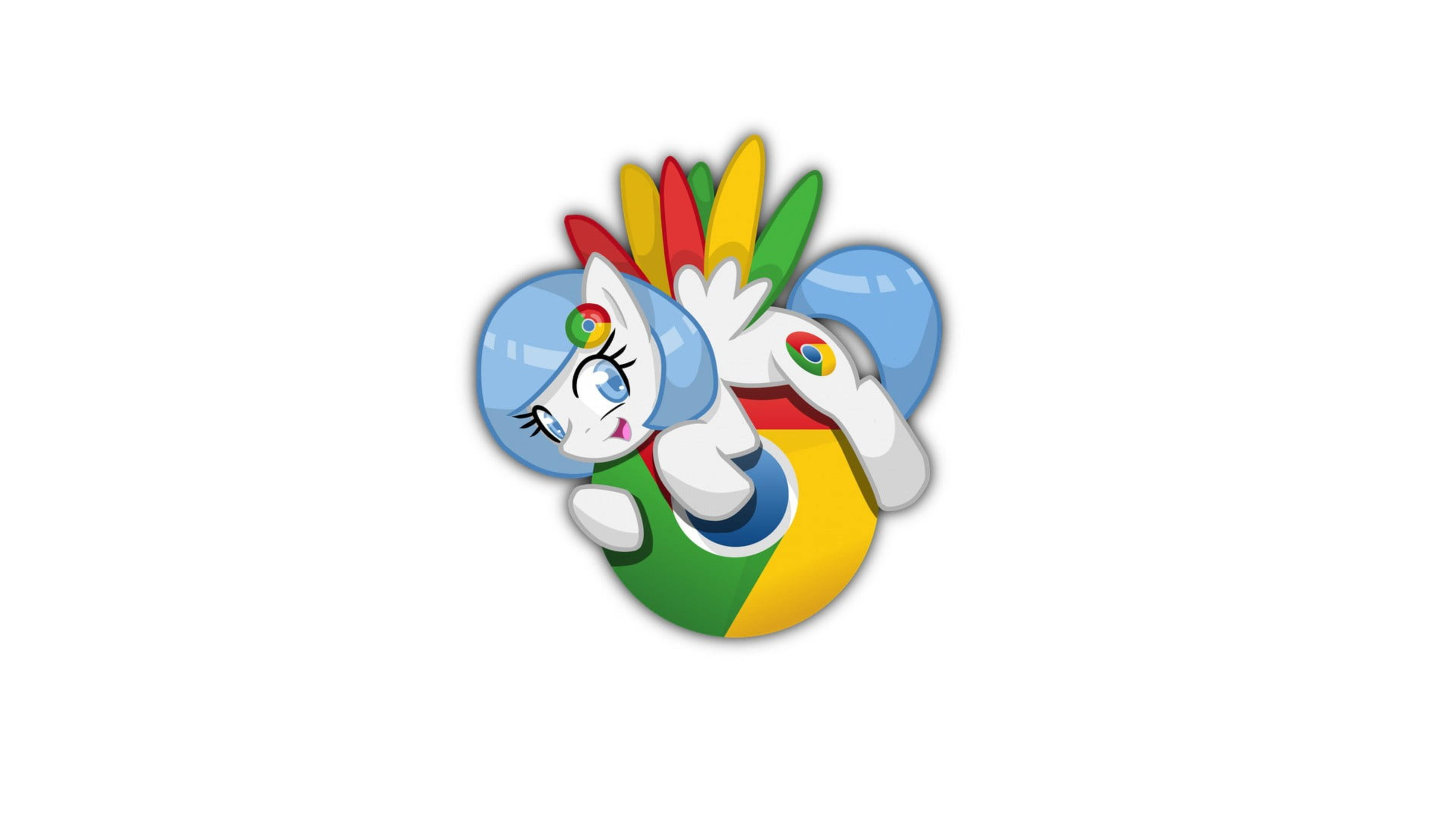 Google Chrome 桌布 壁紙 — 一隻可愛的白色卡通小馬，擁有彩虹鬃毛，在純白色背景上擁抱色彩繽紛的Google Chrome標誌。