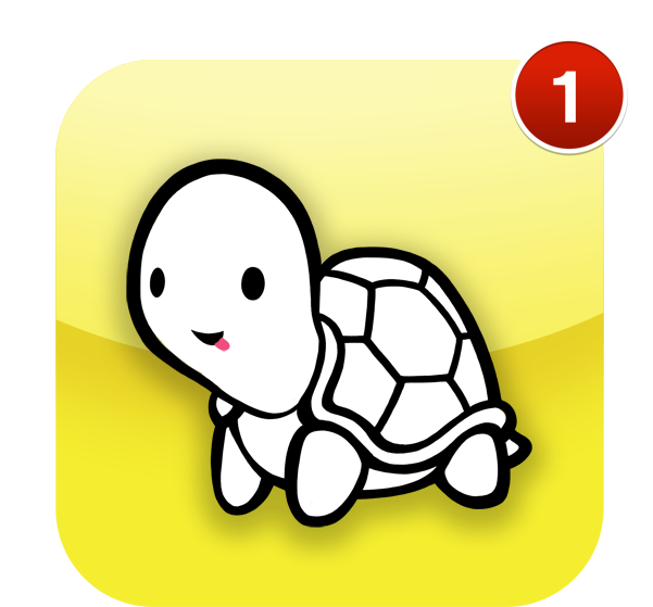 Snapchat 桌布 壁紙 — 一隻可愛的白色卡通烏龜，帶著笑臉和粉紅色舌頭，在黃色漸變背景上有一個紅色通知徽章。