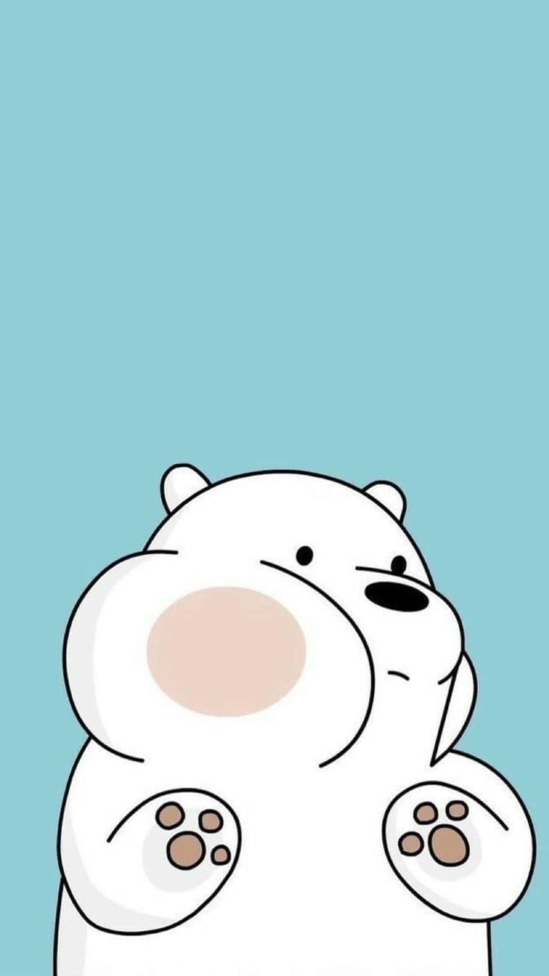Cartoon Polar Bear 桌布 壁紙 — 一隻可愛的白色卡通熊，臉頰泛紅，舉起爪子，背景是純青色。