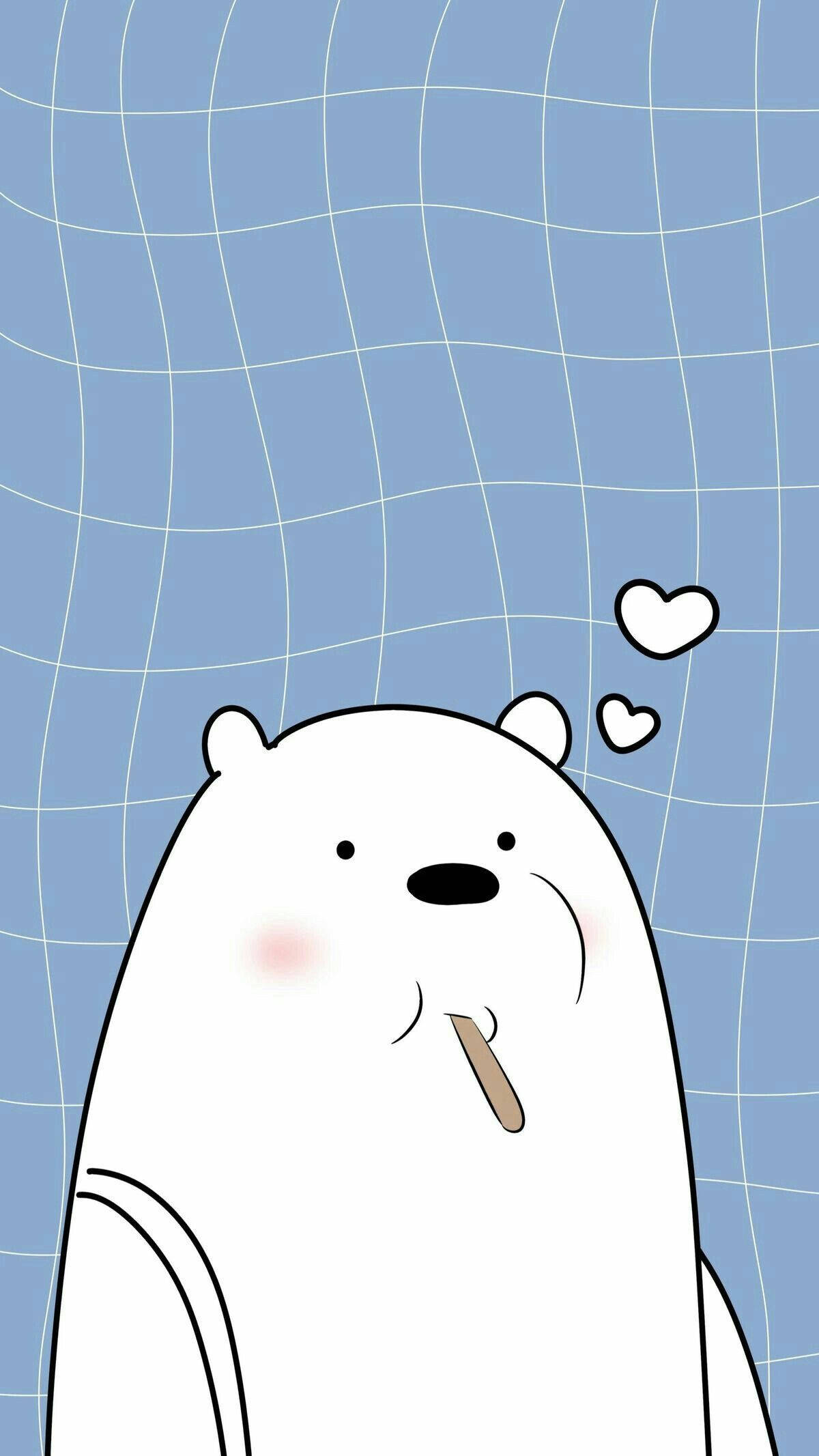 熊熊遇見你 桌布 壁紙 — 一隻可愛的白色卡通熊，臉頰泛紅，嘴裡叼著一根樹枝，在藍色網格背景上夢幻地仰望，周圍漂浮著愛心。
