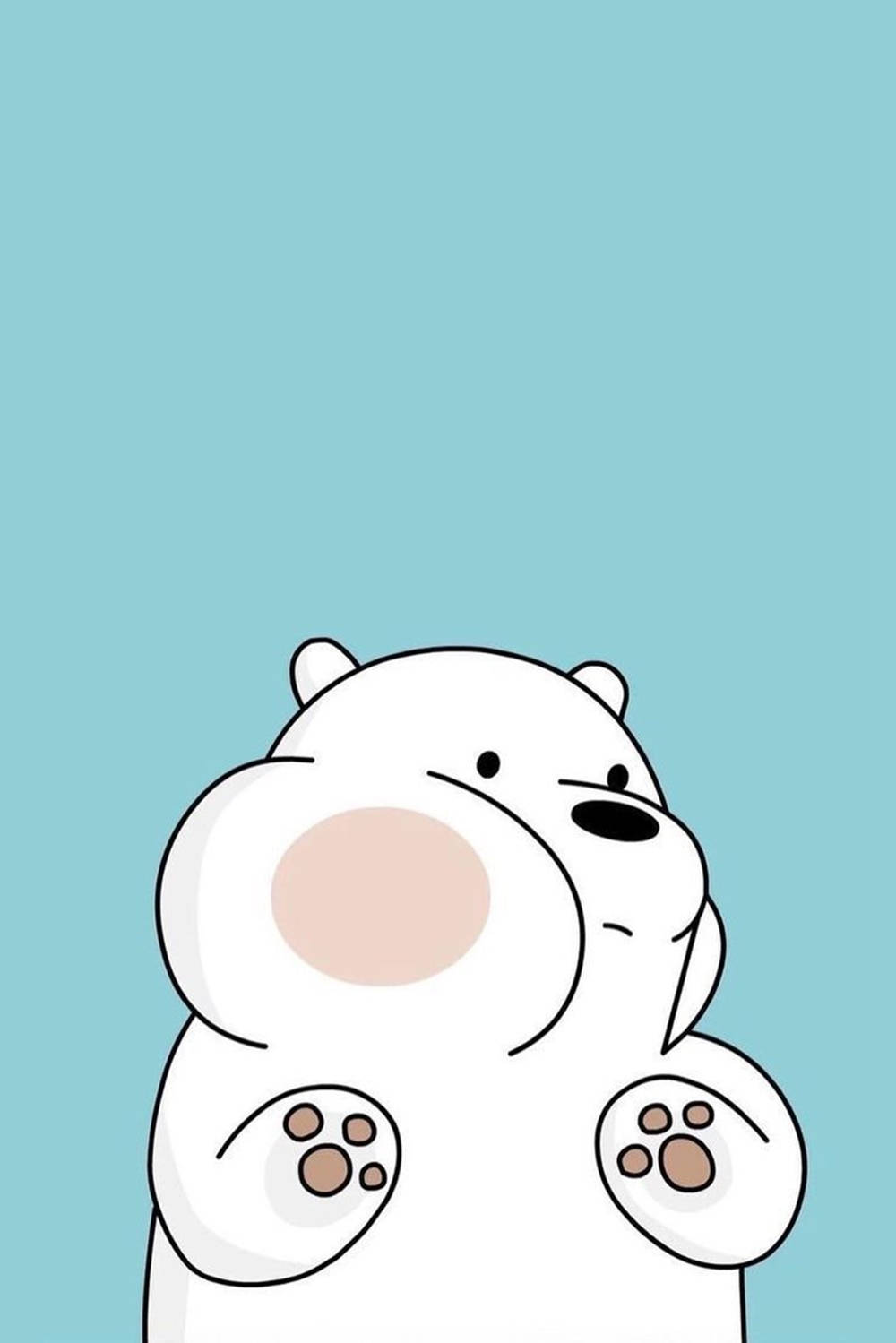 Cartoon 桌布 壁紙 — 一隻可愛的白色卡通熊，臉頰泛紅，爪子舉起，背景是純青色。