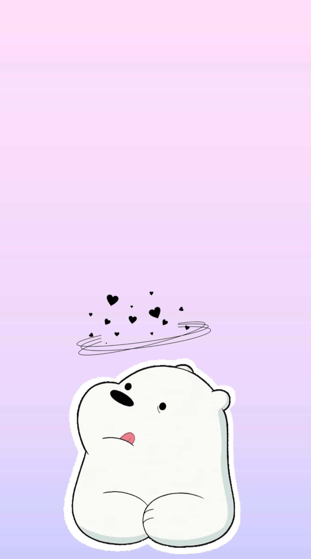 Cartoon Polar Bear 桌布 壁紙 — 一隻可愛的白色卡通熊，臉頰泛著粉紅色的紅暈，頭頂漂浮著黑色愛心，背景是柔和的粉彩漸層色。