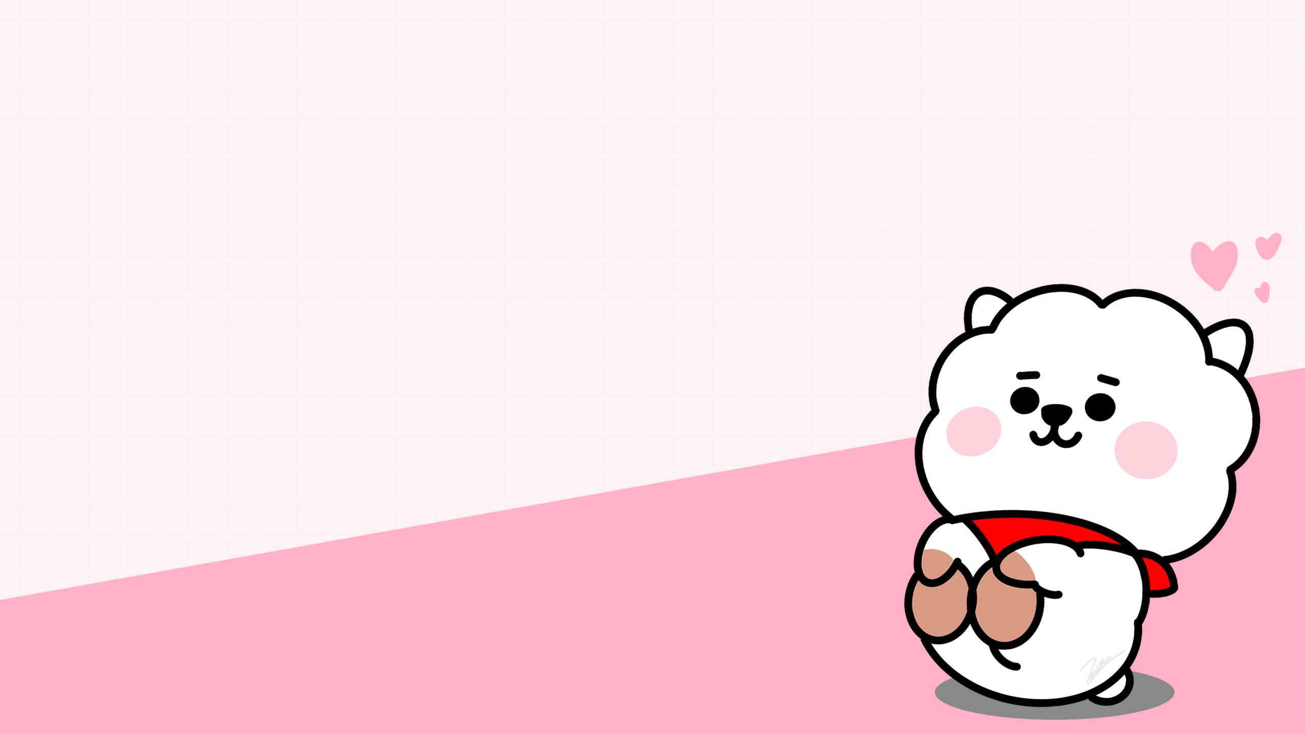 rj bt21 桌布 壁紙 — 一隻可愛的白色卡通熊，臉頰紅潤，戴著紅色圍巾，坐在粉紅色對角地板上，背景是淺粉紅色網格，有漂浮的心形。