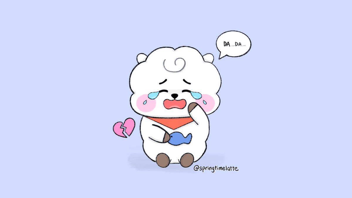 rj bt21 桌布 壁紙 — 一隻可愛的白色卡通熊在柔和的薰衣草背景前哭泣，抱著一顆破碎的心和一條小藍魚。