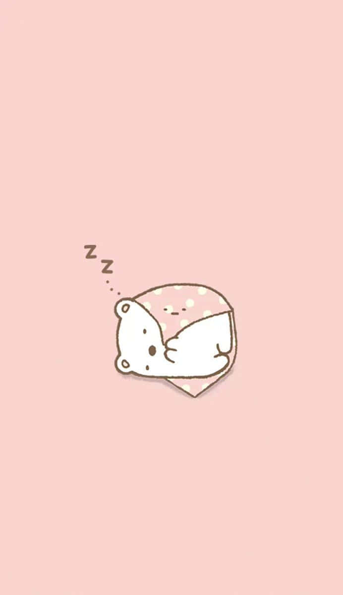 Cute Cartoon 桌布 壁紙 — 一隻可愛的白色卡通熊在粉紅色圓點枕頭上安詳地睡覺，背景是柔和的粉紅色。