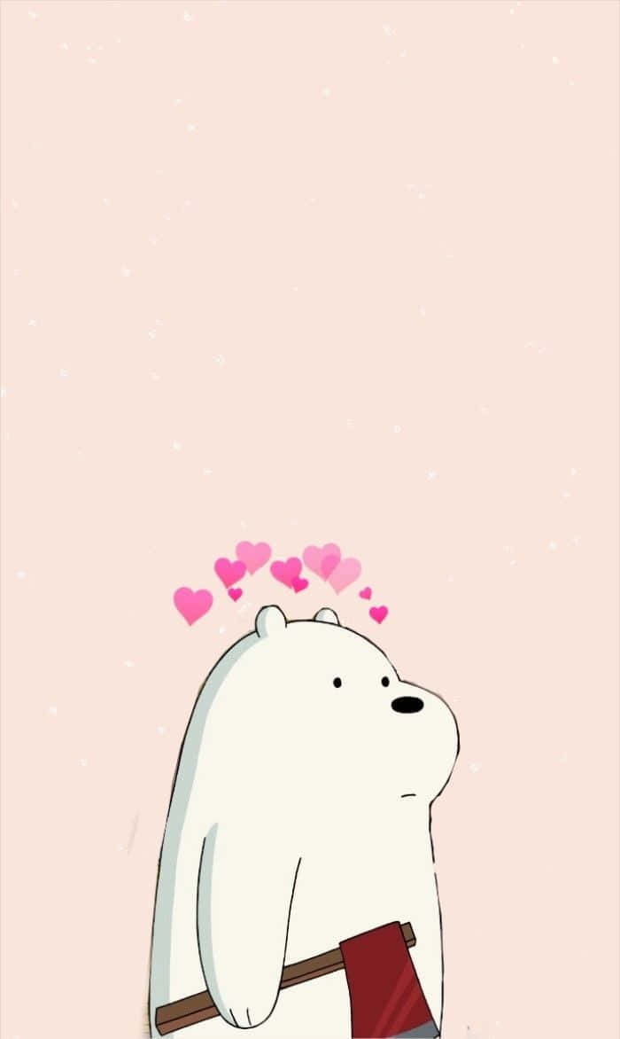 Cartoon Polar Bear 桌布 壁紙 — 一隻可愛的白色卡通熊拿著斧頭，粉紅色的愛心在頭頂飄浮，背景是柔和的粉紅色。