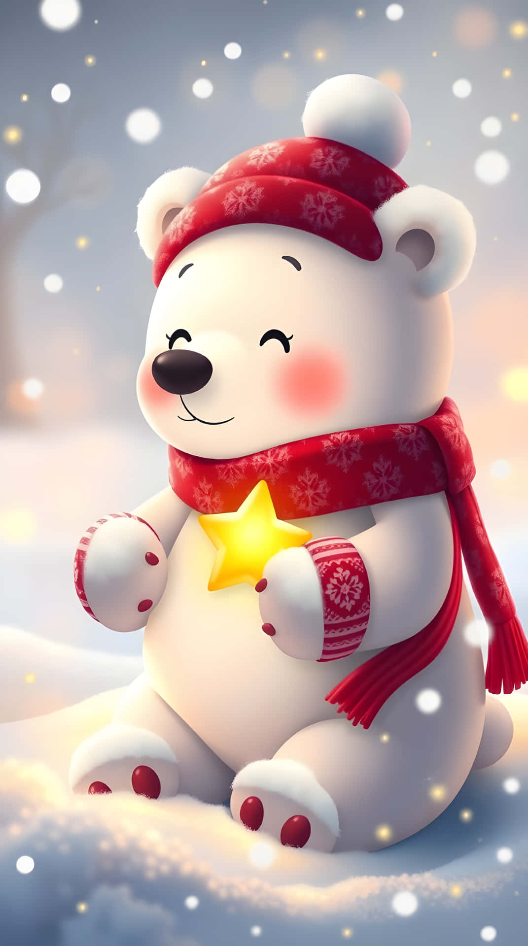 Smiling Polar Bear in Red Scarf Holding Golden Star Christmas Wallpaper 4K 壁紙 — 一隻可愛的白色卡通熊穿著紅色雪花裝備，拿著發光的黃色星星，坐在有散景燈光的雪景中。