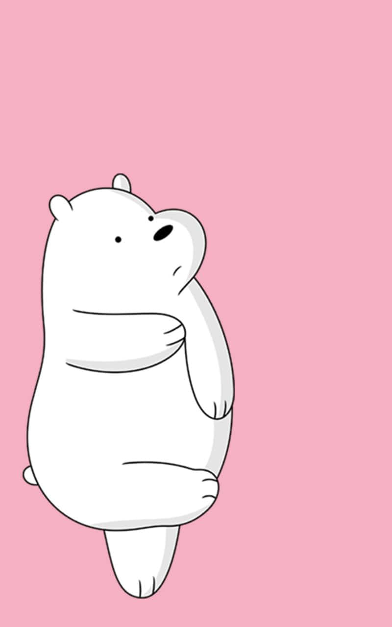 Cartoon Polar Bear 桌布 壁紙 — 一隻可愛的白色卡通熊站在純粉紅色背景前，設計簡單簡約。