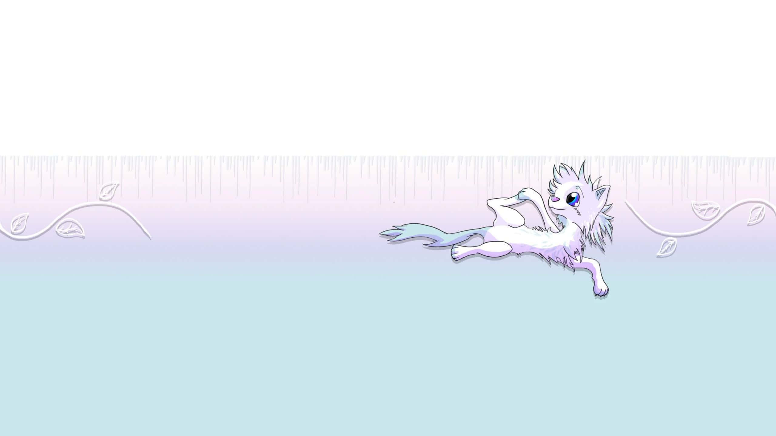 Aesthetic YouTube Banner 桌布 壁紙 — 一隻可愛的白色卡通狐狸，藍色眼睛，在裝飾著精緻葉藤的柔和粉彩漸變背景上歡快地跳躍。