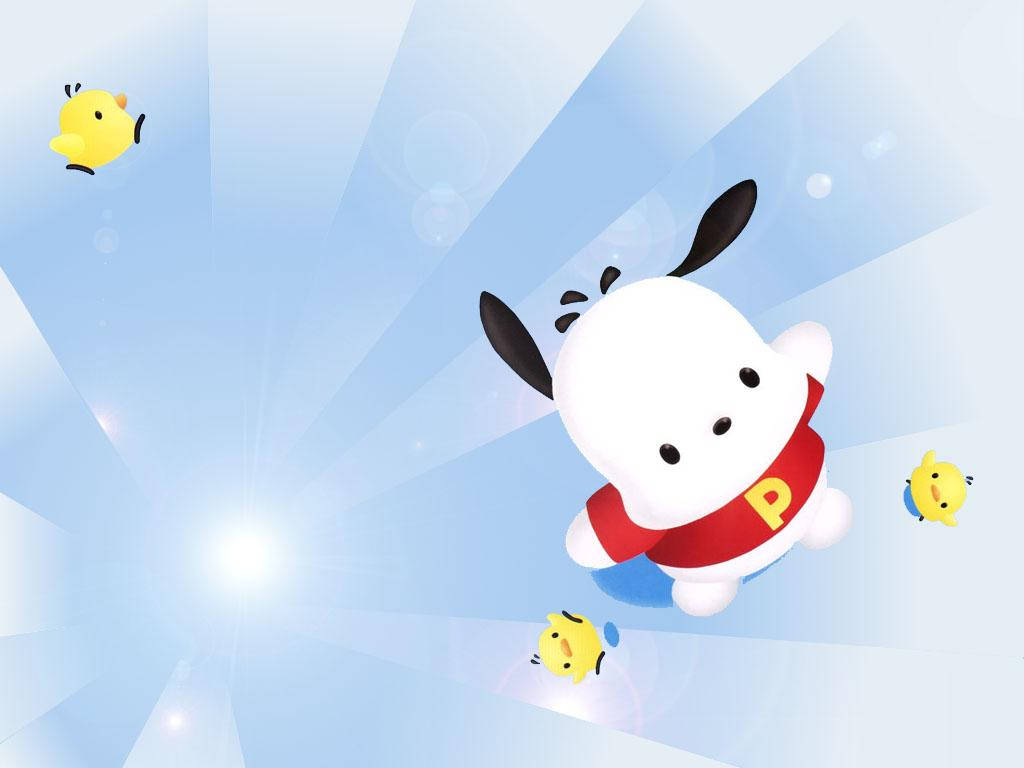 Pochacco 桌布 壁紙 — 一隻可愛的白色卡通狗，穿著紅色襯衫，上面有黃色的「P」，在明亮的藍天中與三隻小黃鳥一起快樂地飛翔。