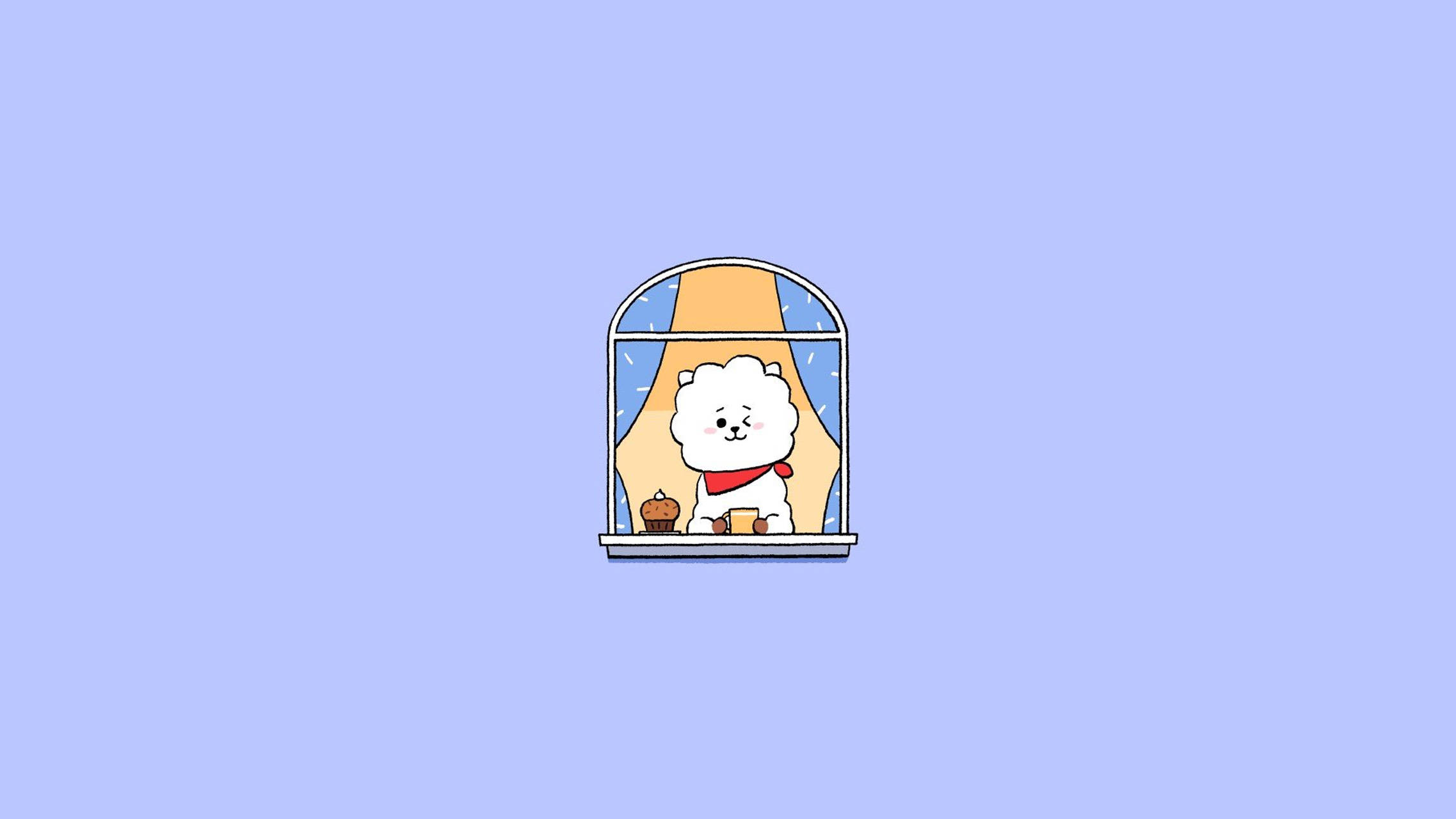 rj bt21 桌布 壁紙 — 一隻可愛的白色卡通狗戴著紅色圍巾，坐在窗邊，旁邊有杯子蛋糕和馬克杯，黃色窗簾框著，背景是柔和的藍色。
