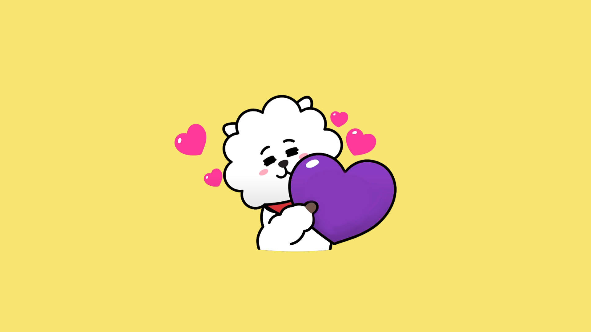 rj bt21 桌布 壁紙 — 一隻可愛的白色卡通狗擁抱一個紫色愛心，周圍有粉紅色愛心在黃色背景上漂浮。
