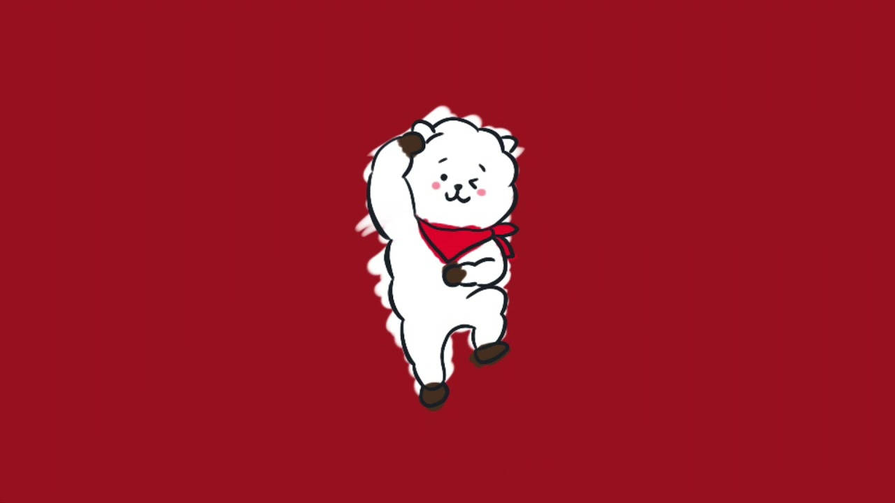 rj bt21 桌布 壁紙 — 一隻可愛的白色卡通羊，戴著紅色頭巾，在純紅色背景前快樂地跳舞。