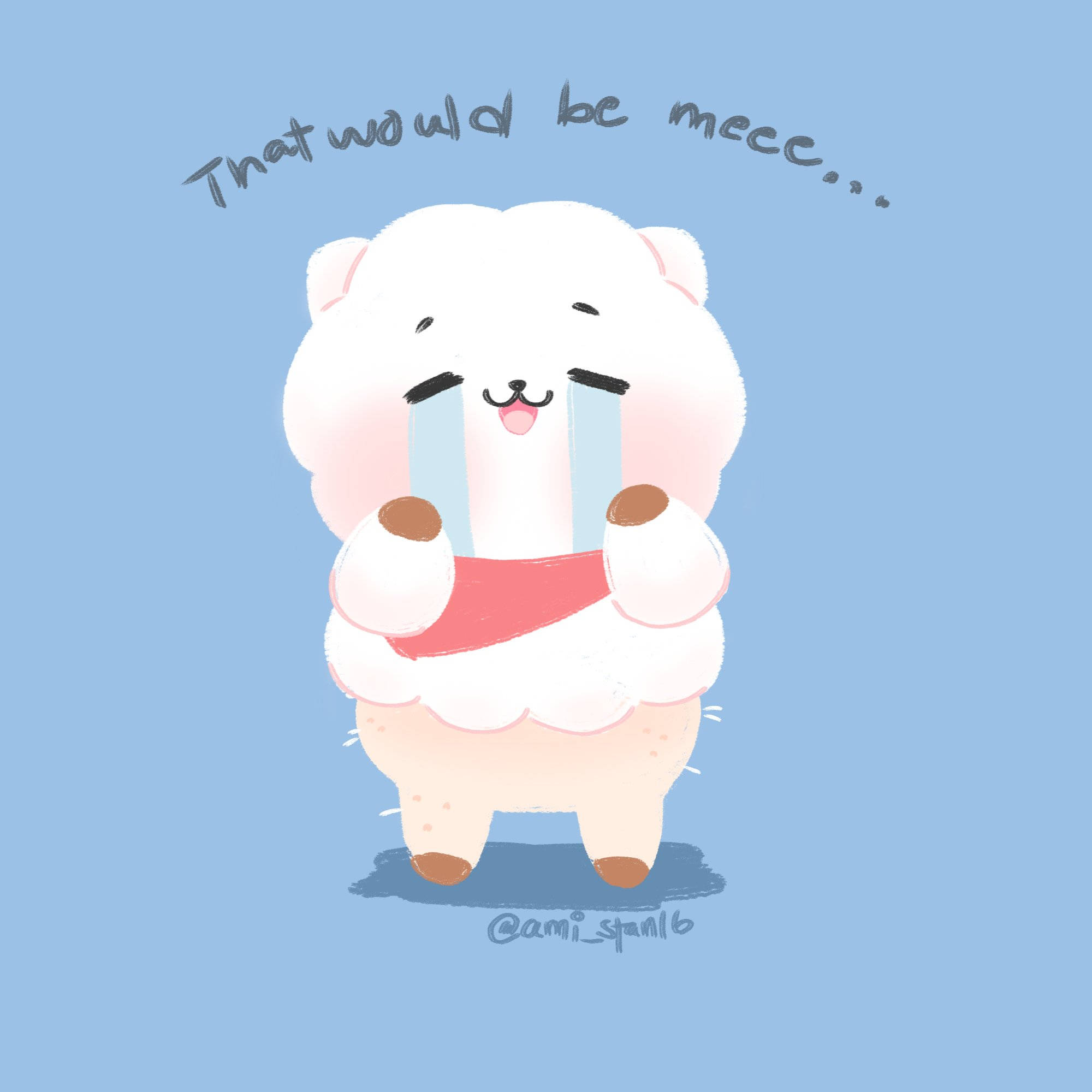 rj bt21 桌布 壁紙 — 一隻可愛的白色卡通羊，臉頰紅潤，戴著紅色圍巾，在柔和的藍色背景上流下大顆藍色眼淚。